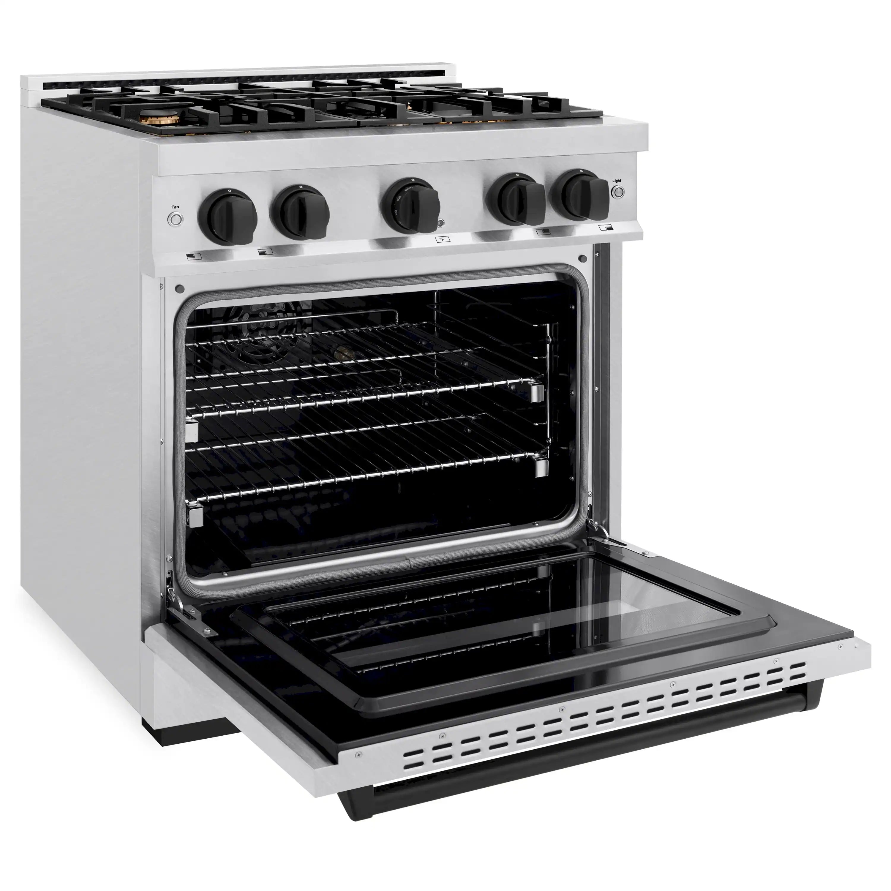 Satin stainless dual fuel range with open oven and black cooktop grates