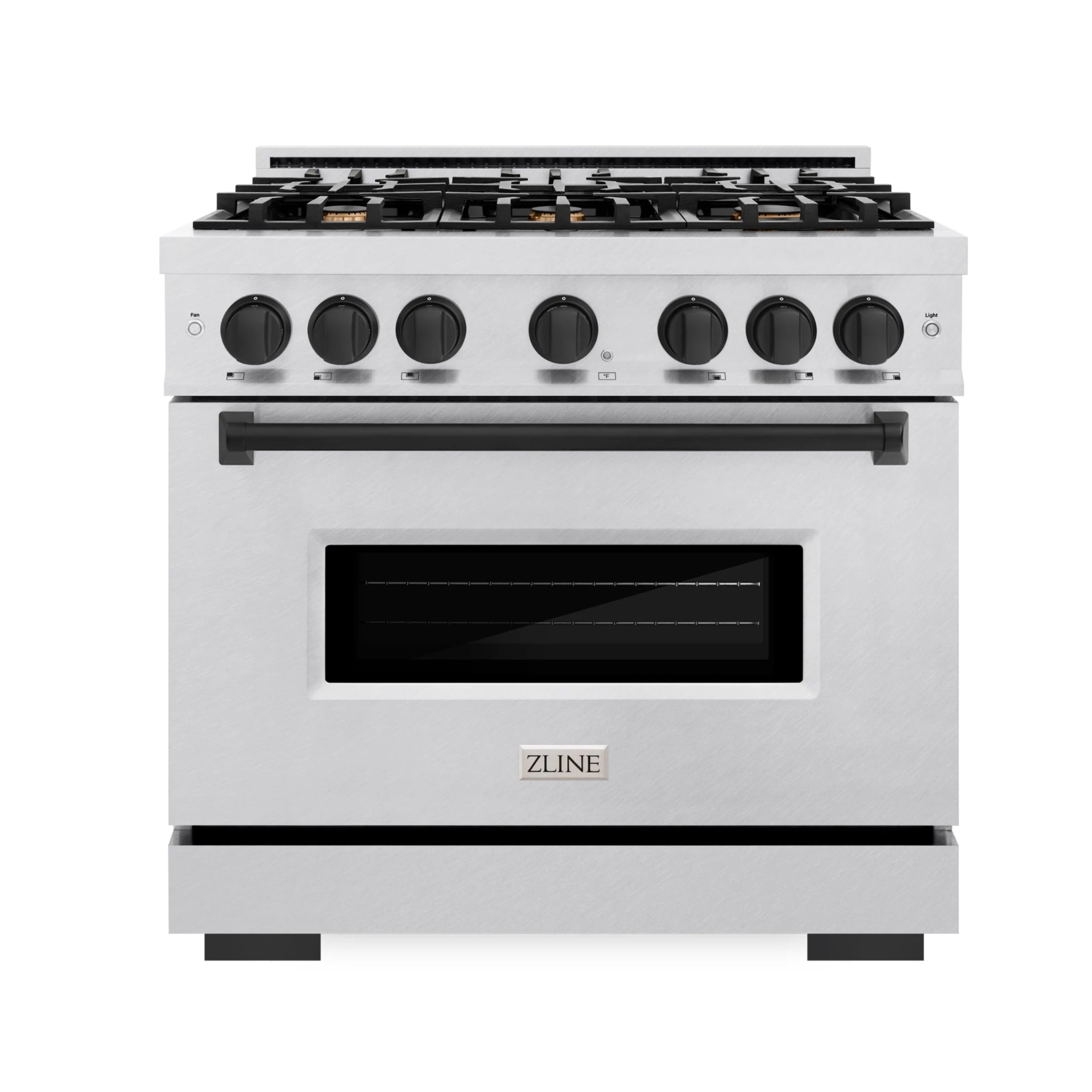 Stainless dual-fuel range with matte black accents, front knobs and cooktop burners