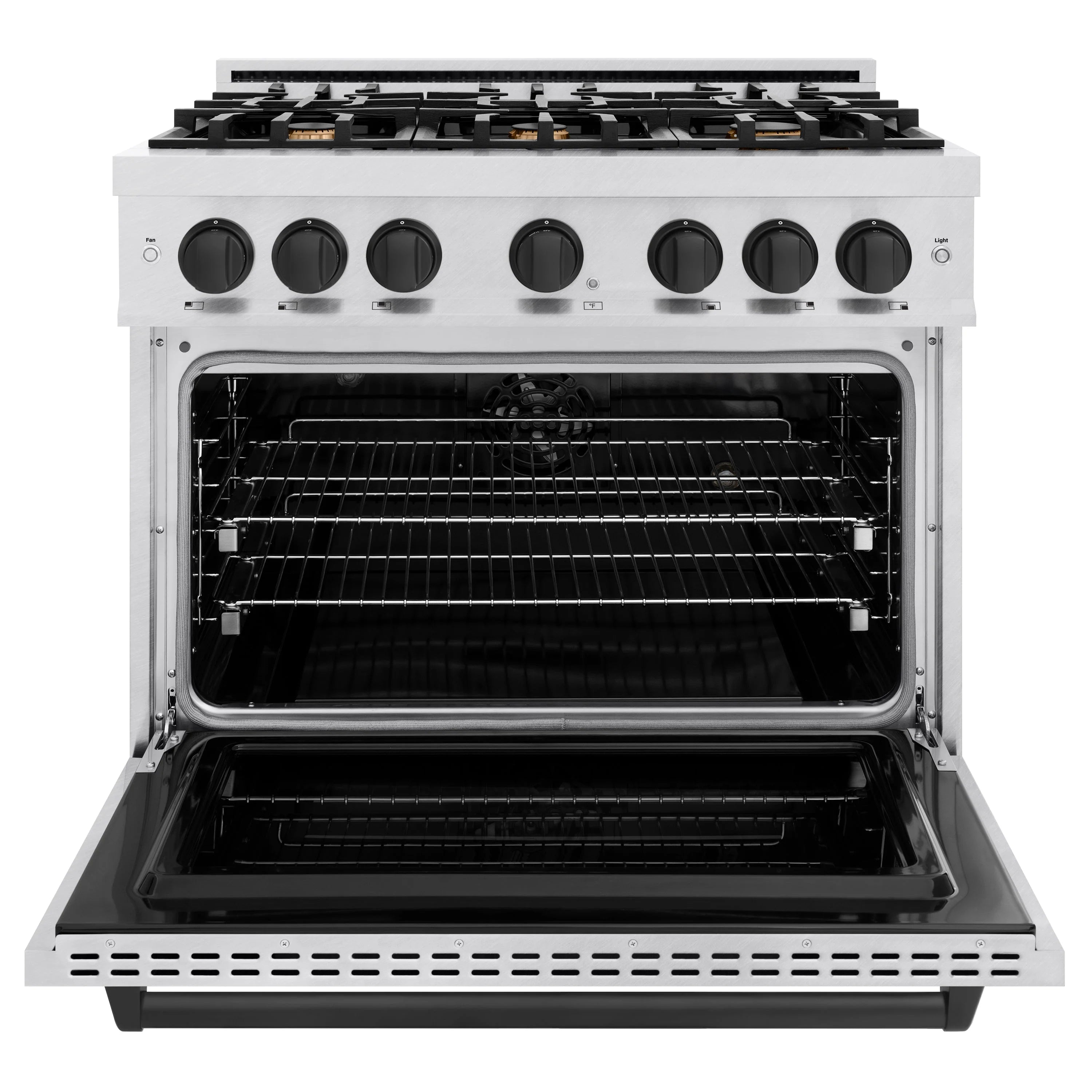 Open oven door showing dark racks inside stainless dual-fuel range with black cooktop