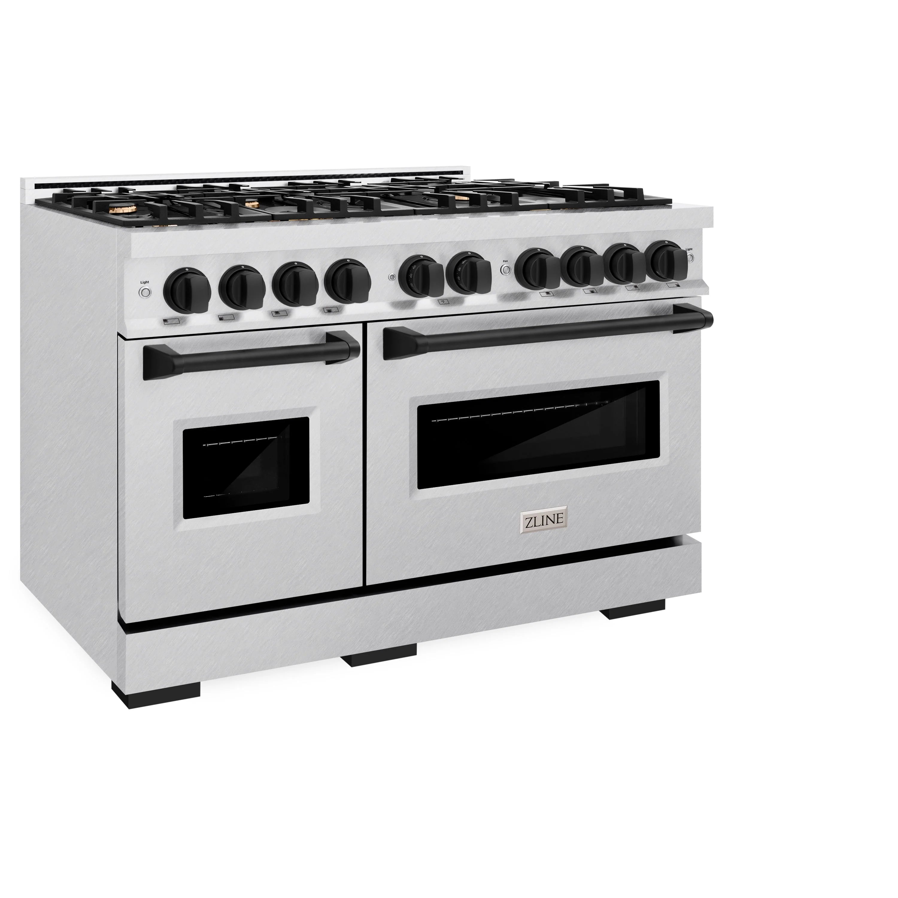 Satin stainless dual fuel range with black burner knobs and two oven doors in view