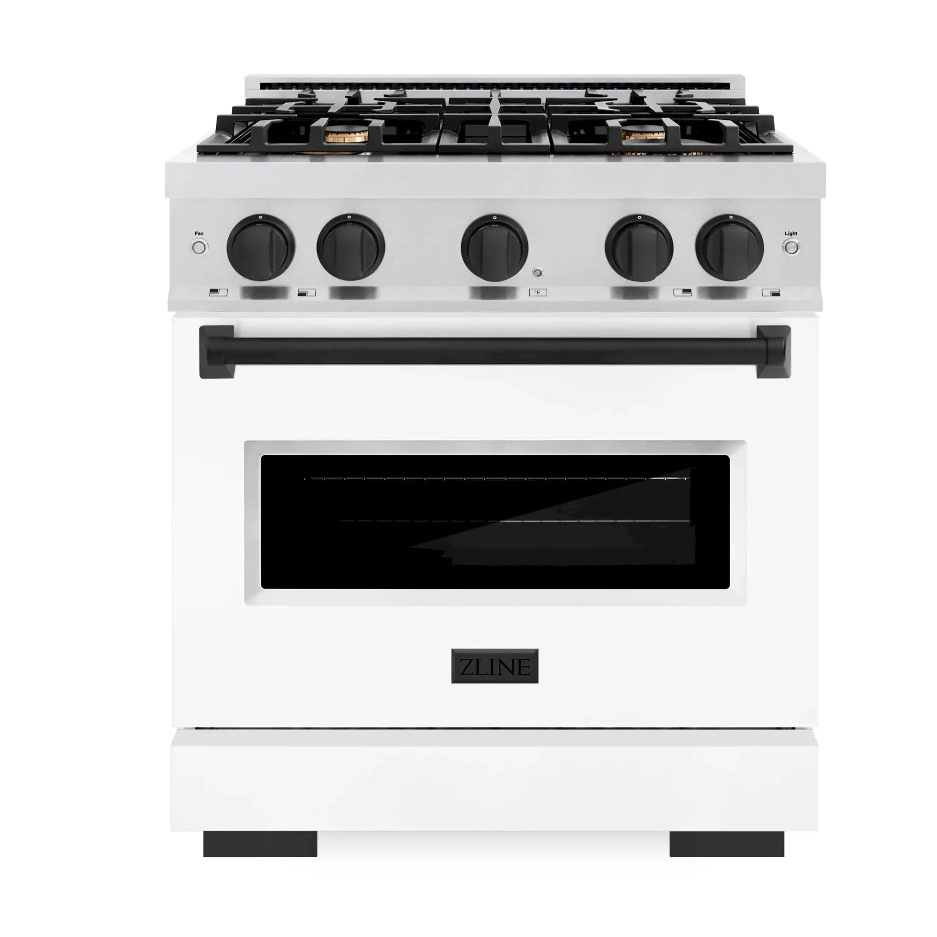 Dual fuel range with four-burner gas cooktop and closed oven door, satin stainless finish
