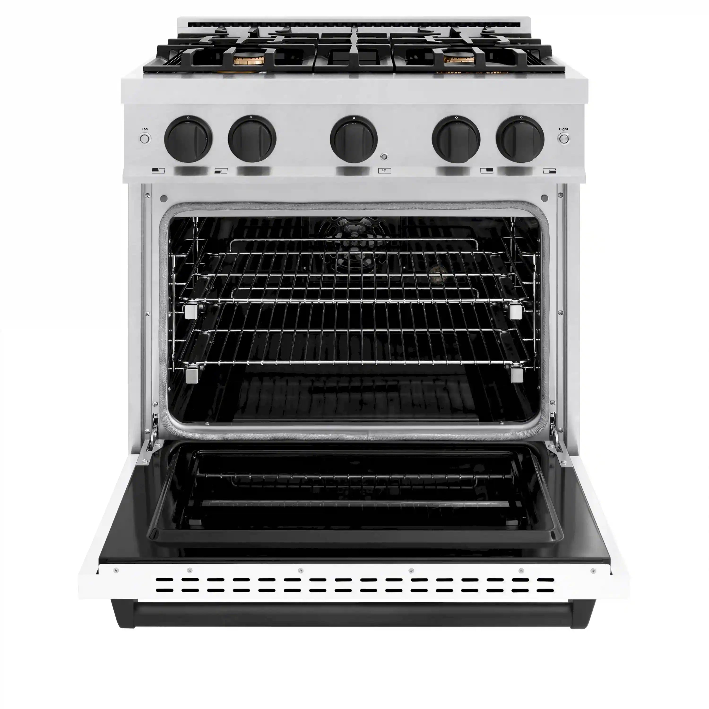 Dual fuel range with open electric oven door and four-burner gas cooktop, satin stainless finish