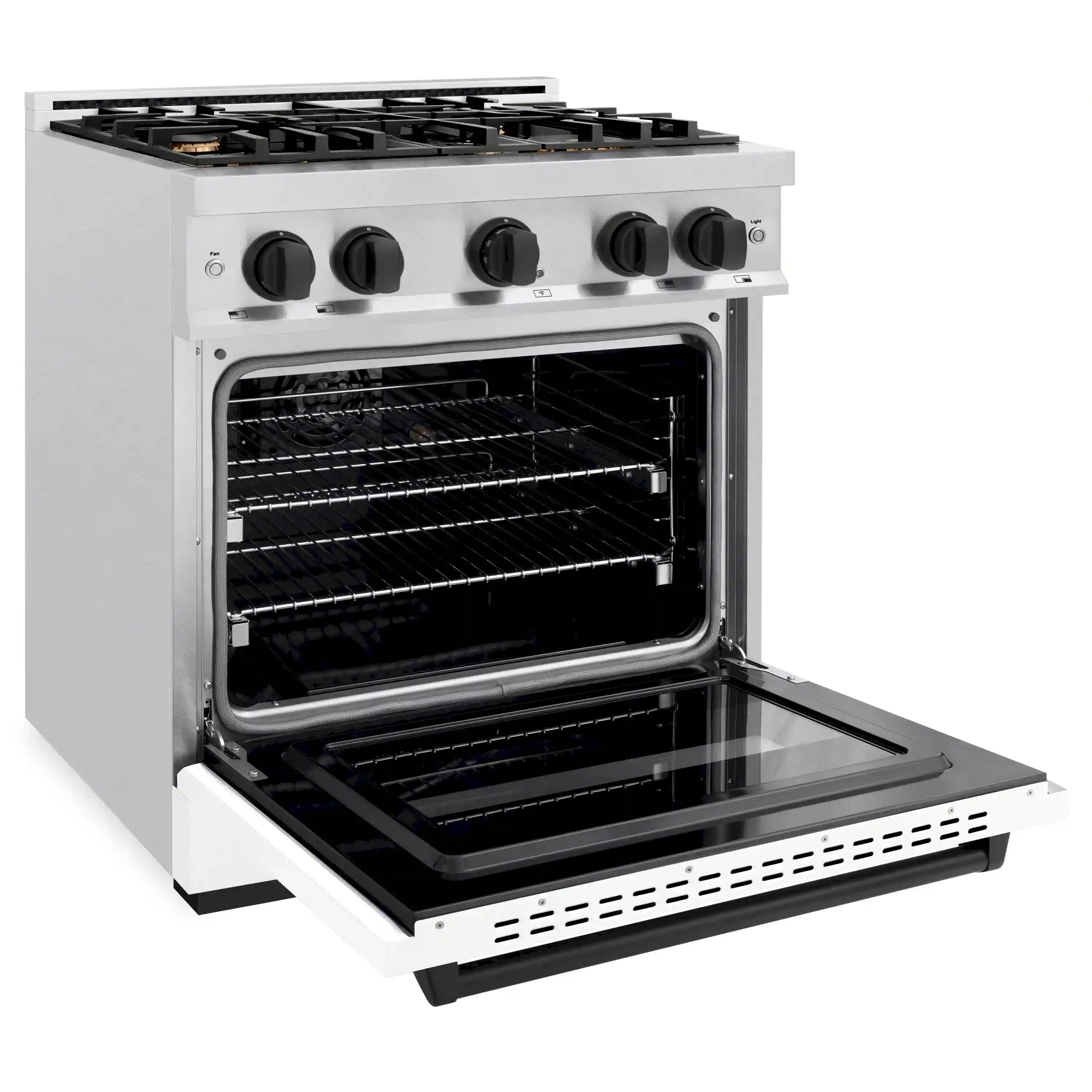 Dual fuel range front with open oven and four-burner gas cooktop, stainless exterior