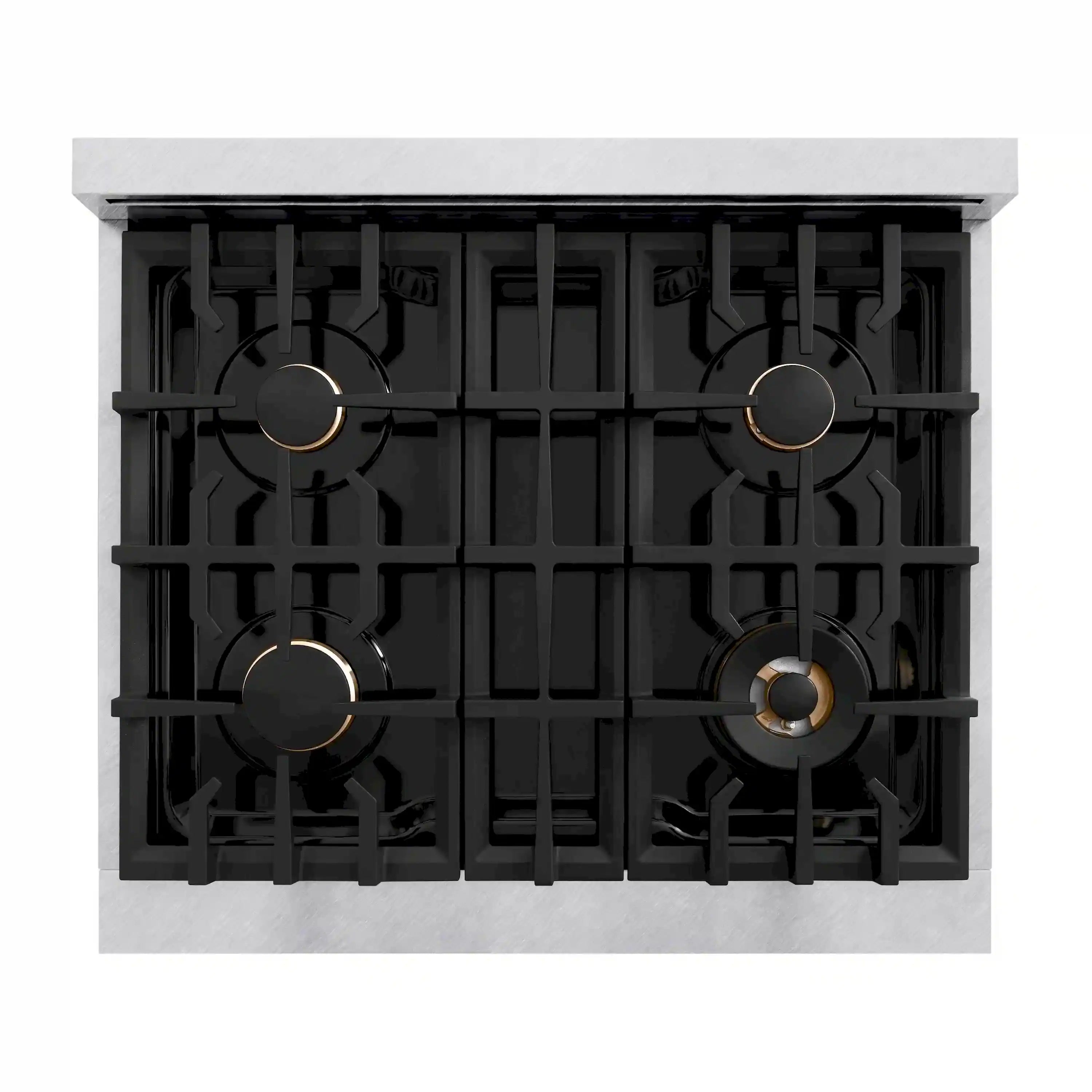 Four-burner gas cooktop with black grates and round burner caps on stainless cooktop surface
