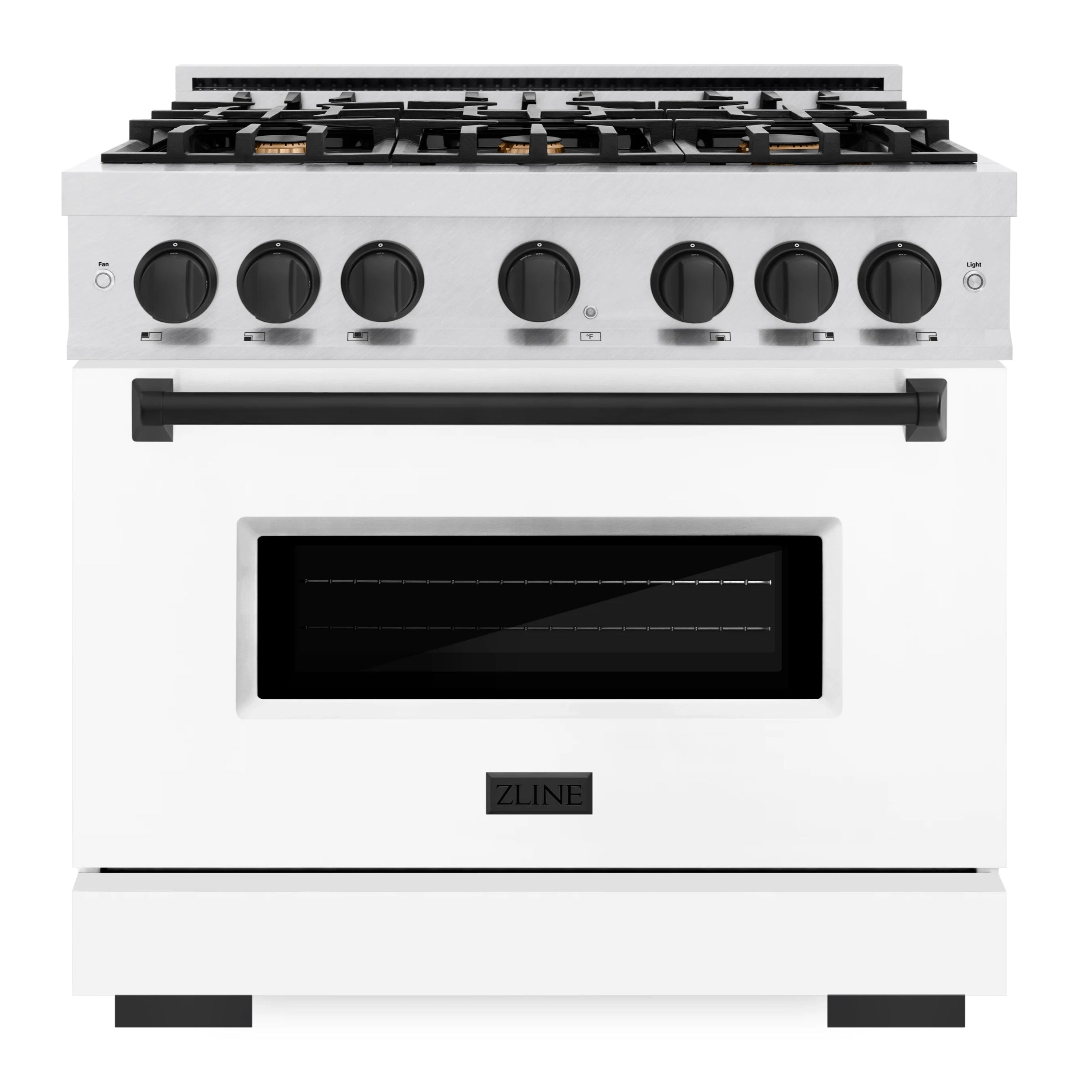 ZLINE dual fuel range with white body, black knobs, and dark glass oven door