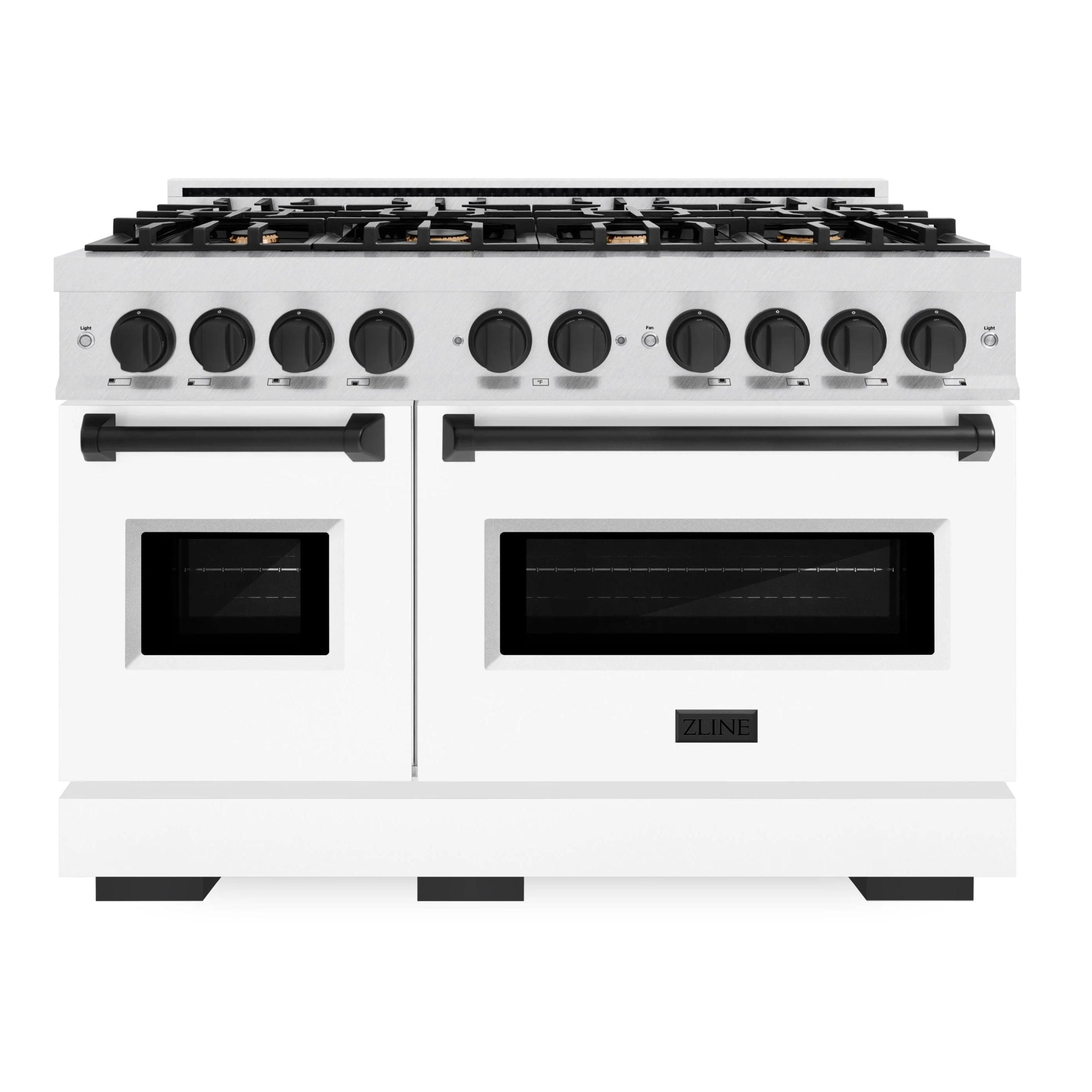 Dual fuel range front view with black burner knobs, grates, and two dark oven windows