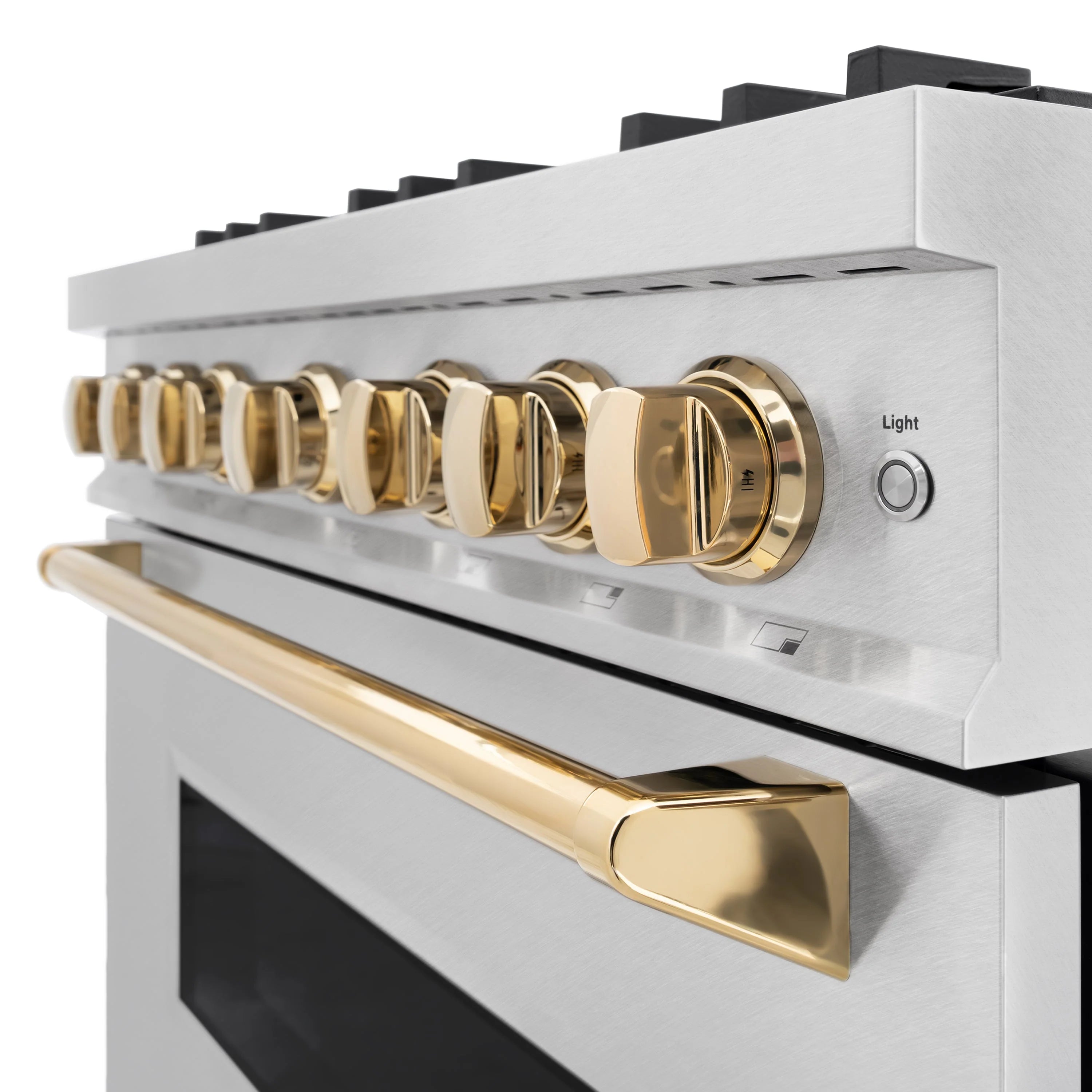 Dual fuel range control panel with gold knobs and satin stainless steel handle