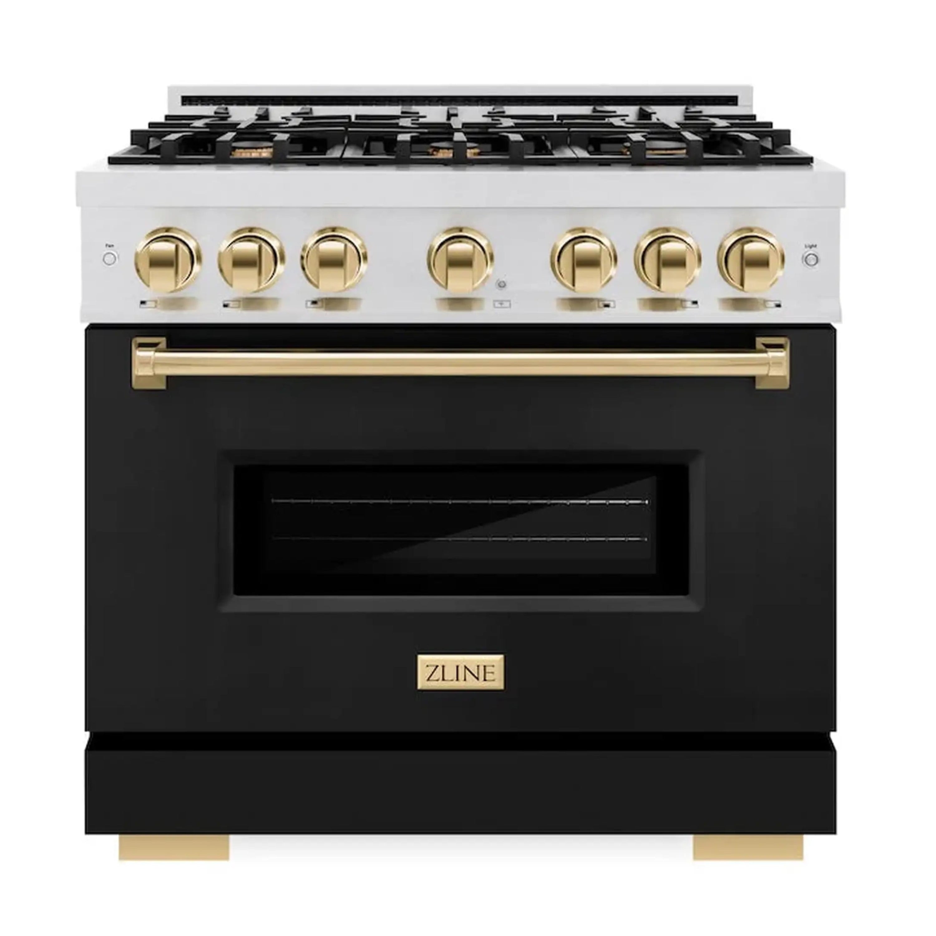 Dual fuel range oven with closed black door, satin stainless finish and polished gold control knobs