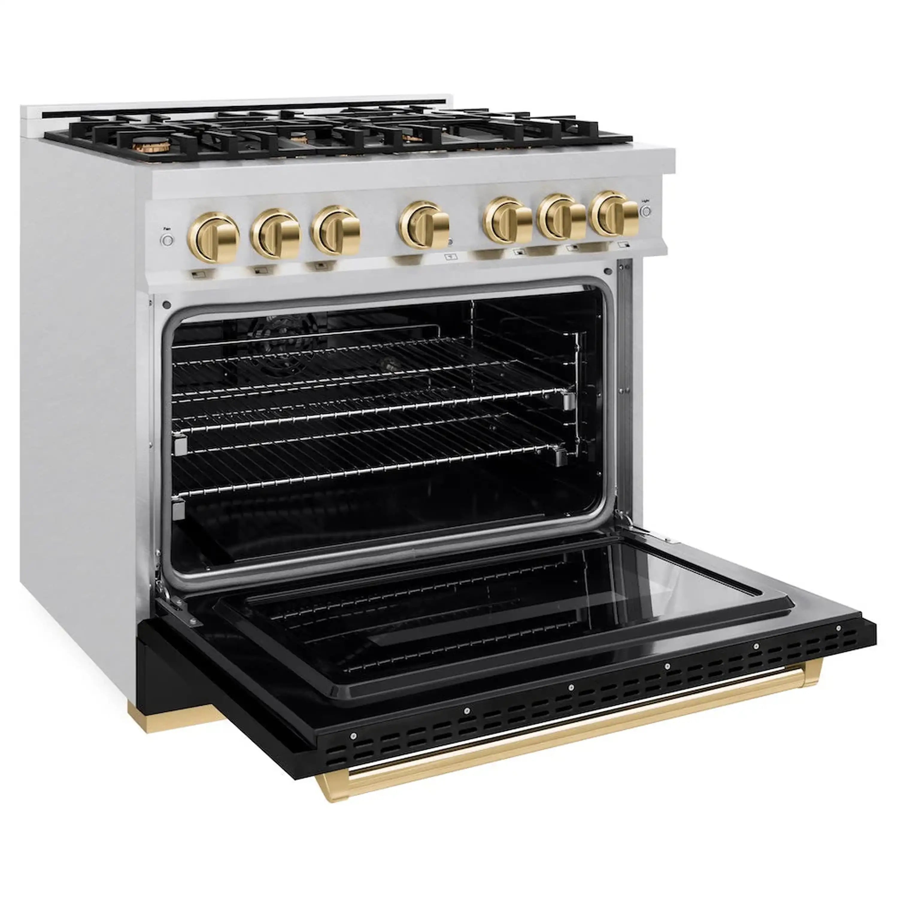 Dual fuel range with open electric oven door, black interior and gold control knobs