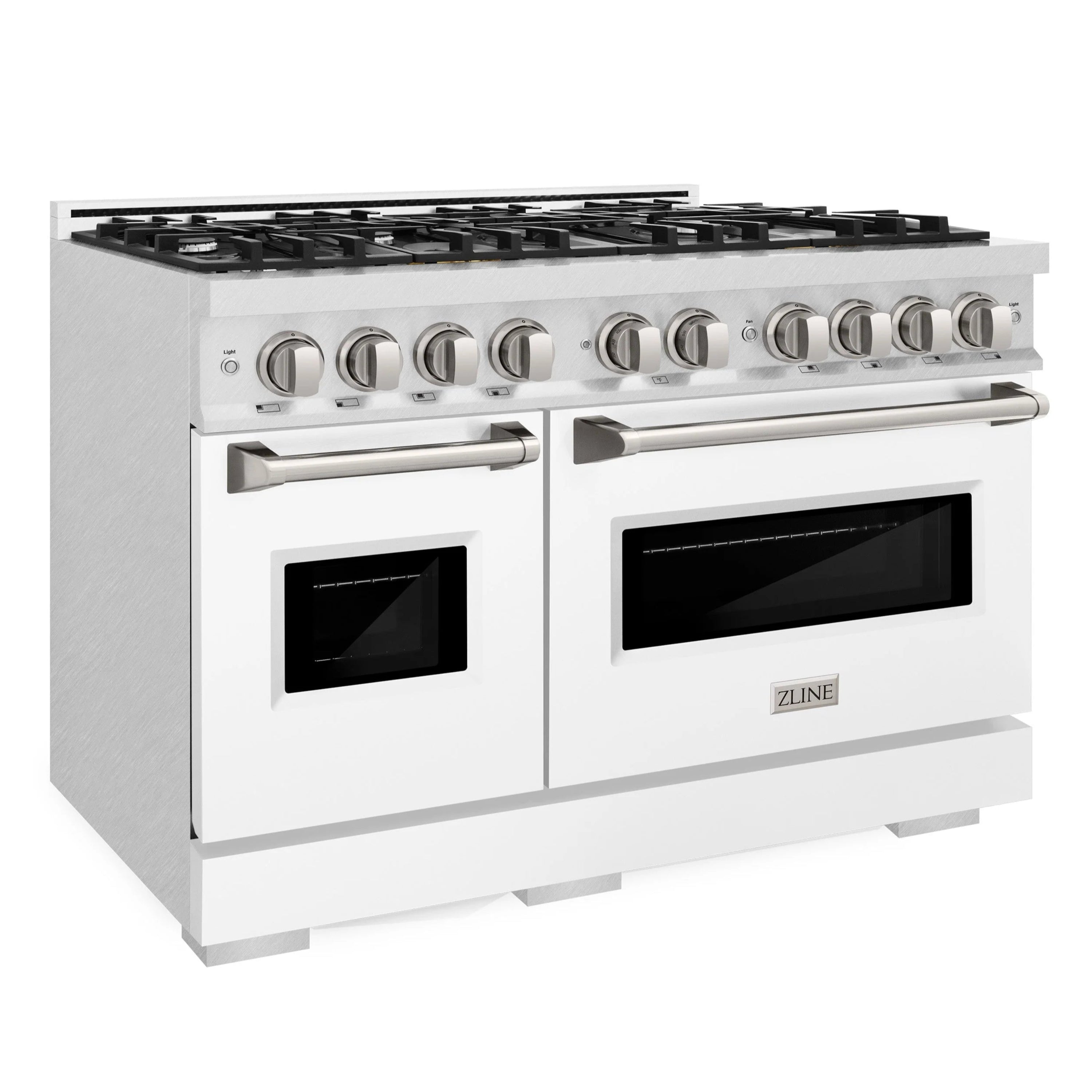 Stainless steel dual fuel range with four-burner cooktop, dual ovens, and satin satin finish