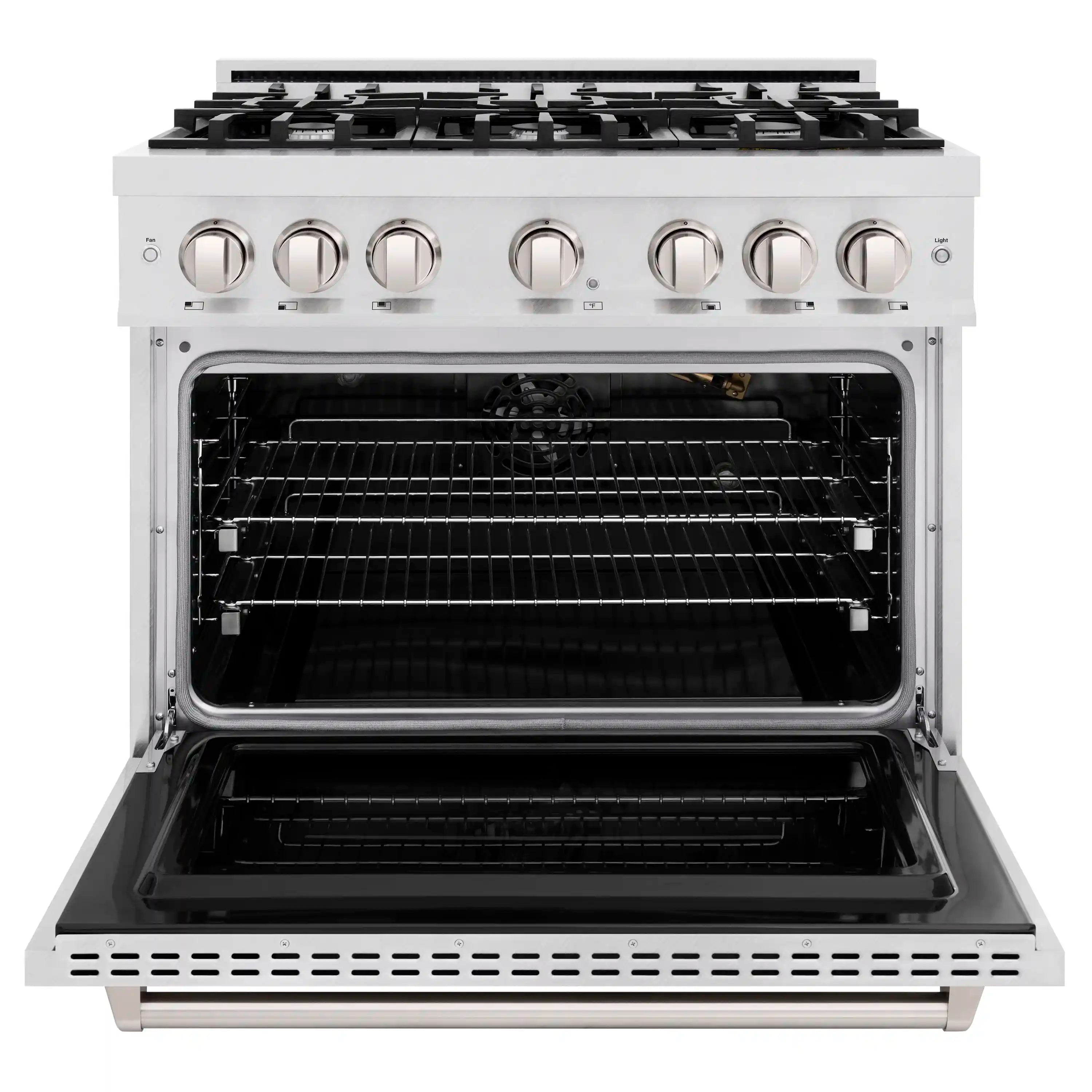 Open ZLINE satin stainless gas oven with front racks and black interior