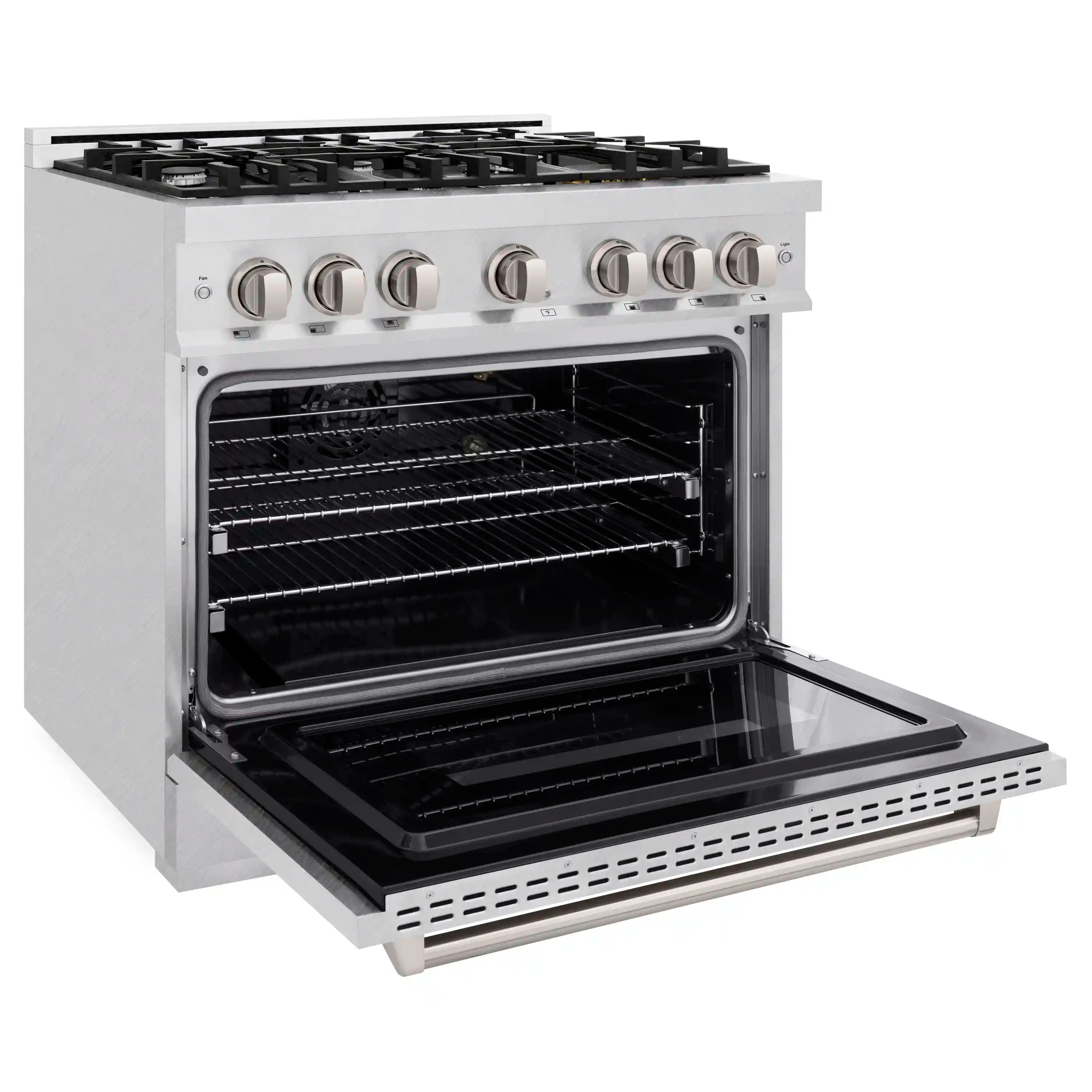 ZLINE satin stainless gas range with open oven door and wire racks
