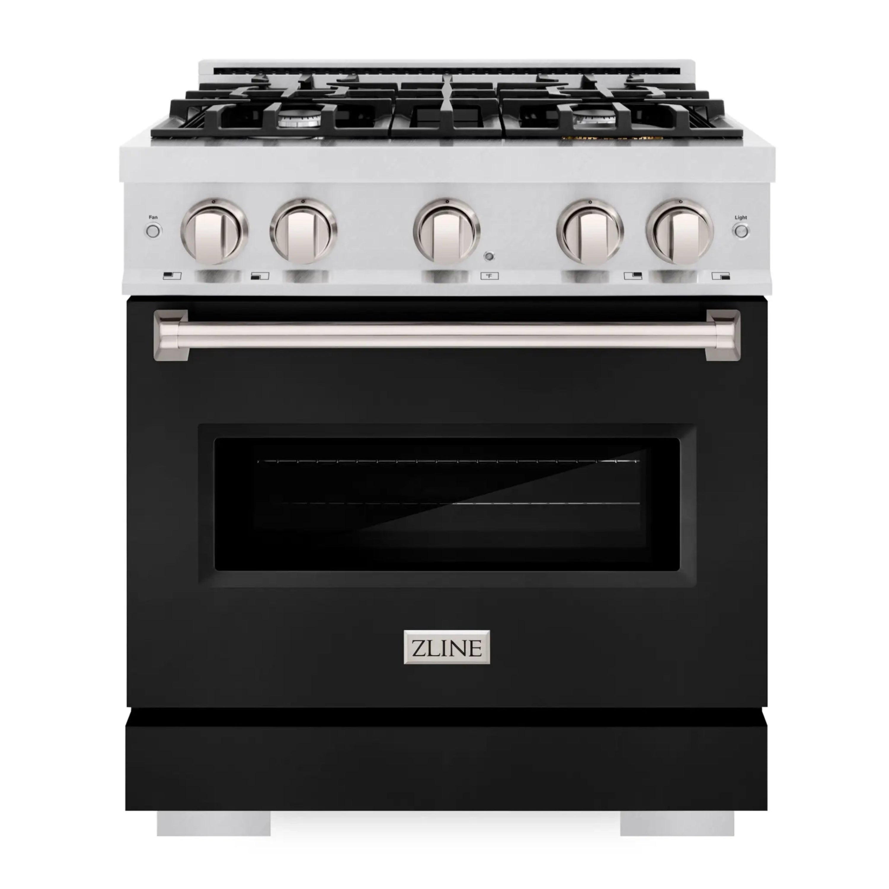 ZLINE satin stainless gas range with black oven door window and control knobs