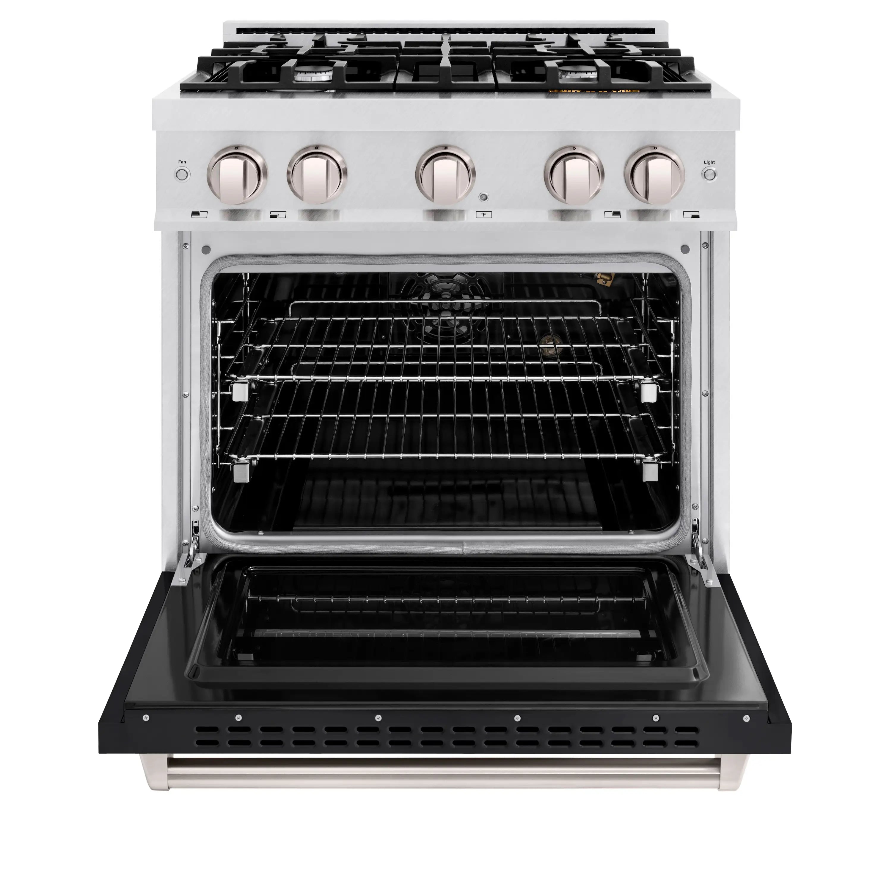 ZLINE satin stainless gas range with open oven door and black interior racks
