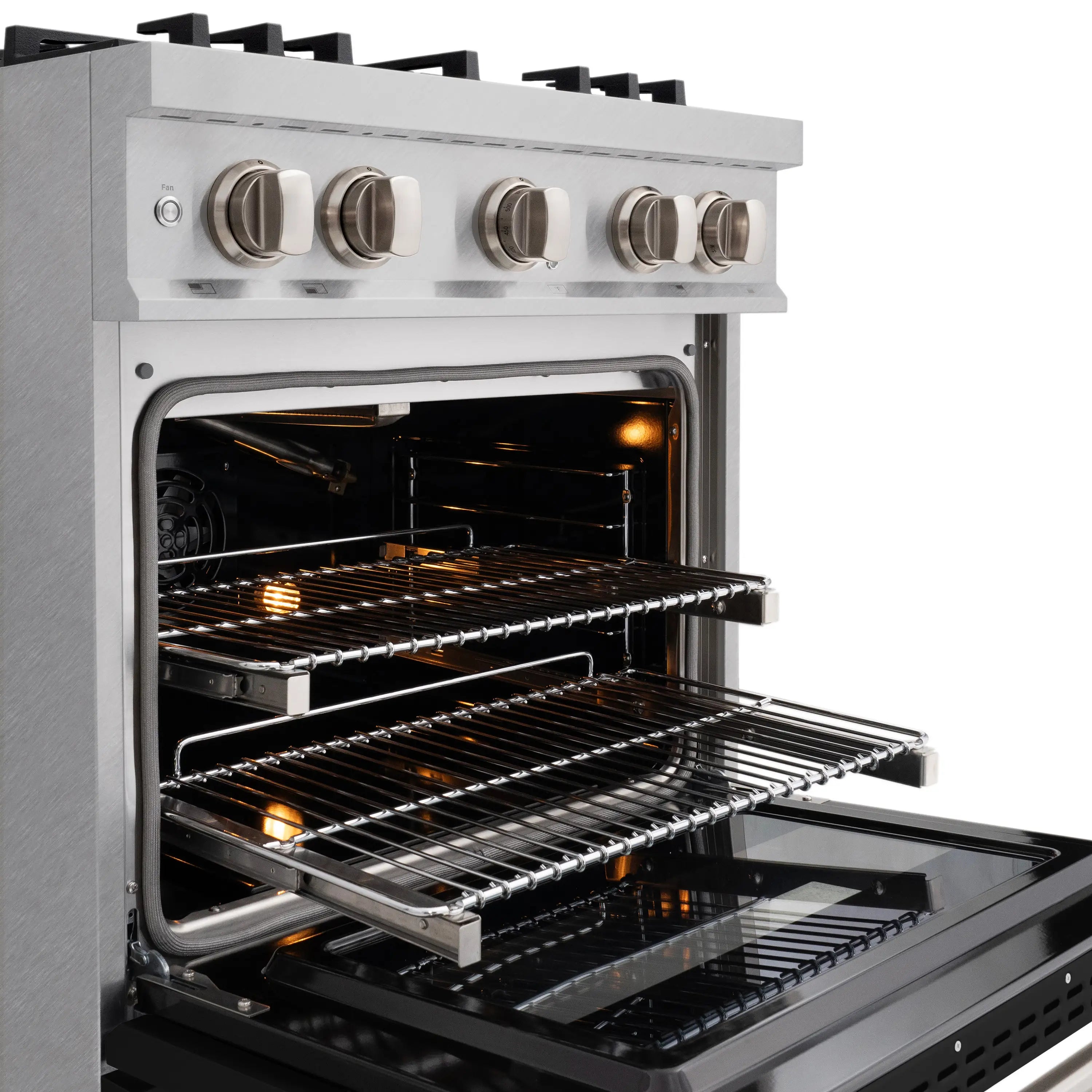 ZLINE gas convection oven with racks inside and open glass door