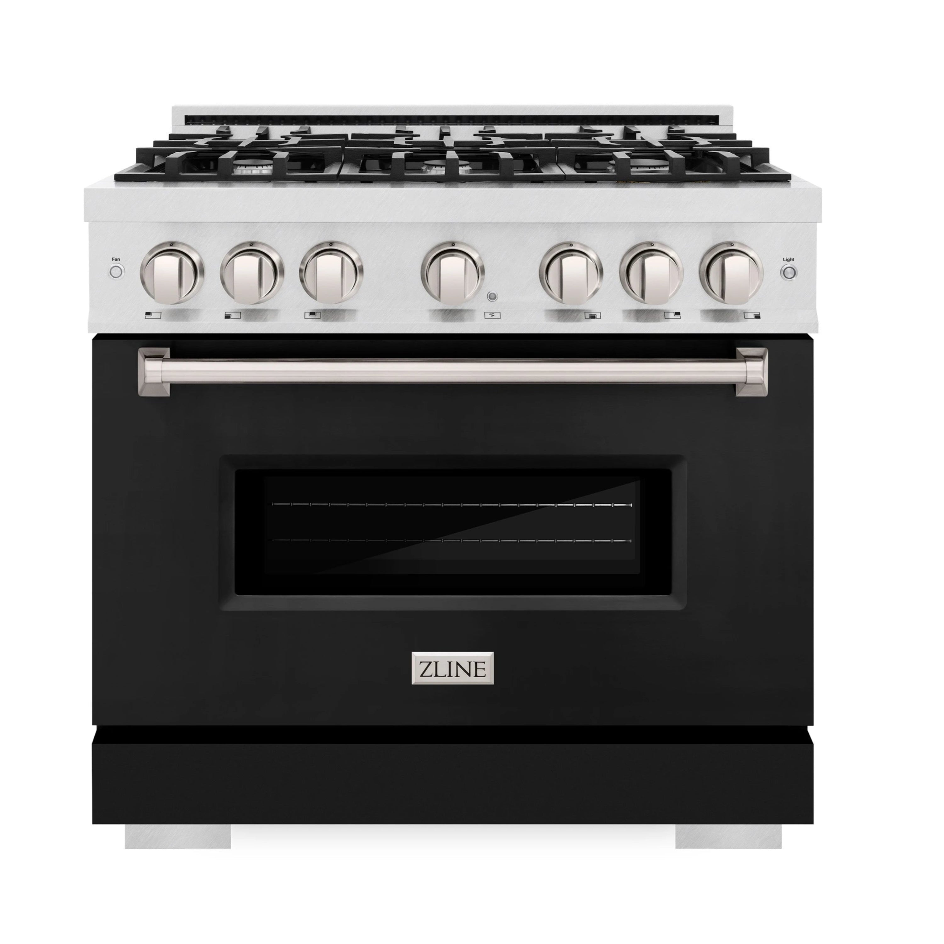ZLINE gas range front with black matte oven door window and silver burner controls