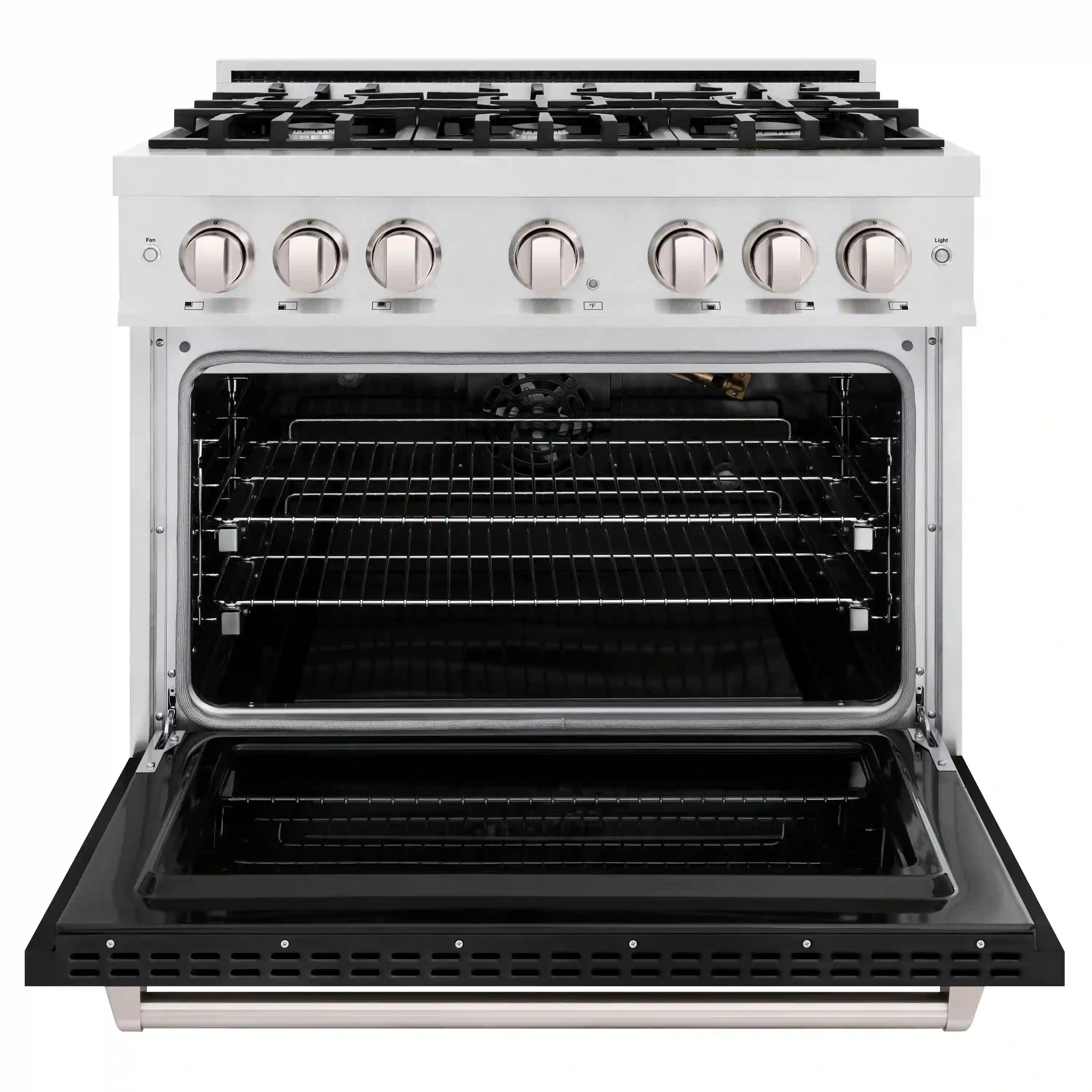 Gas range with open oven door showing wire racks and dark oven interior