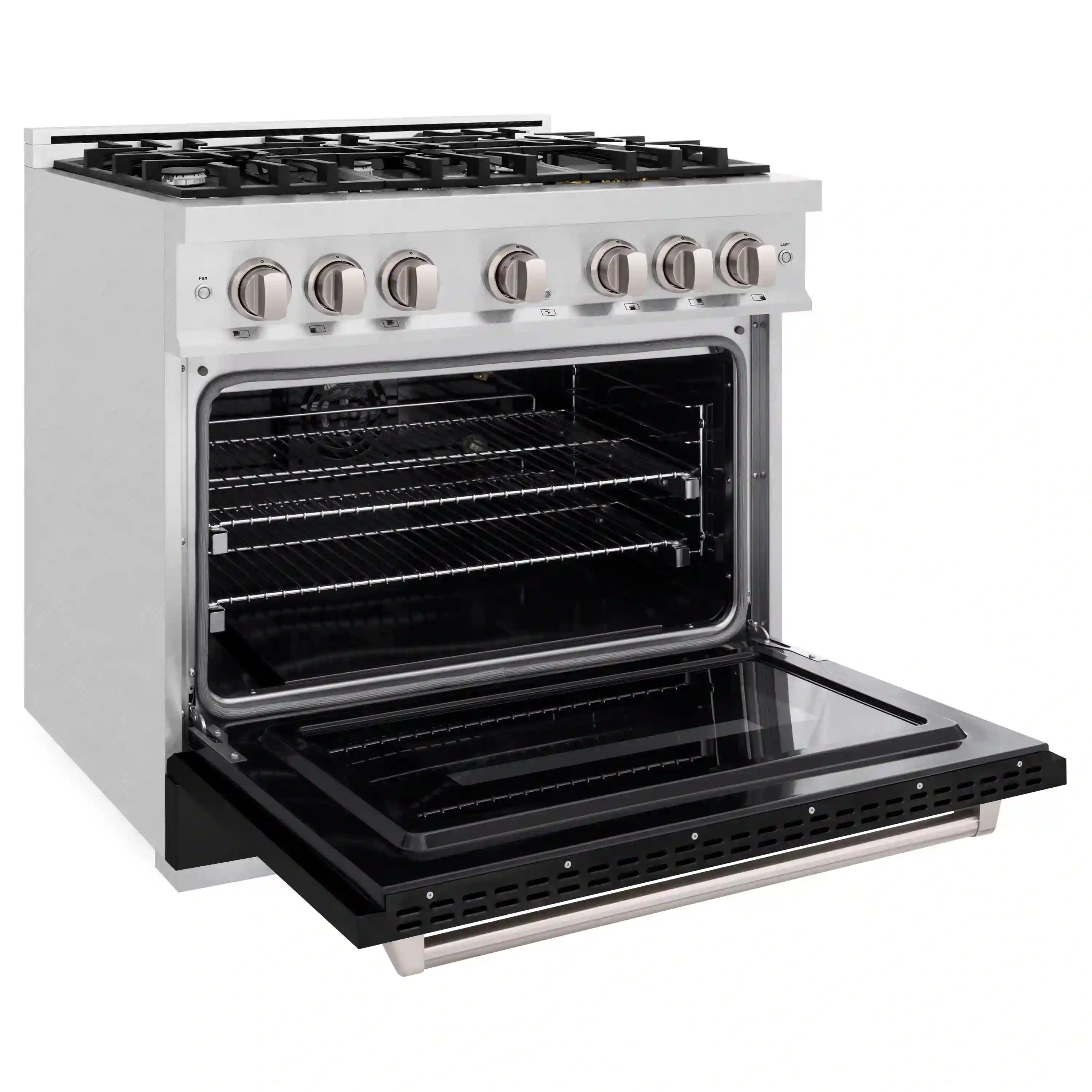 Gas range with open oven door showing black interior racks and broiler area