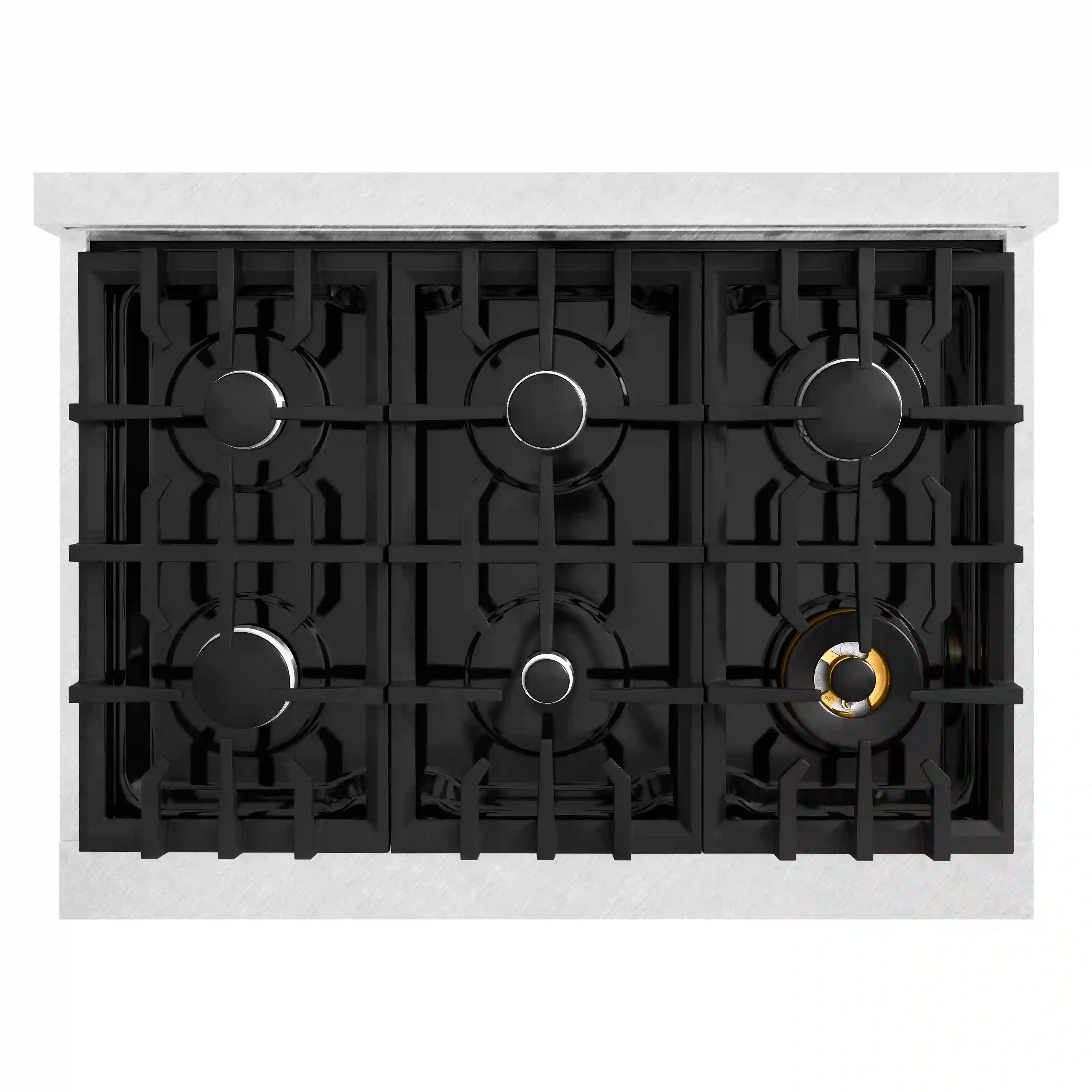 Black gas cooktop with burner grates and silver control knobs