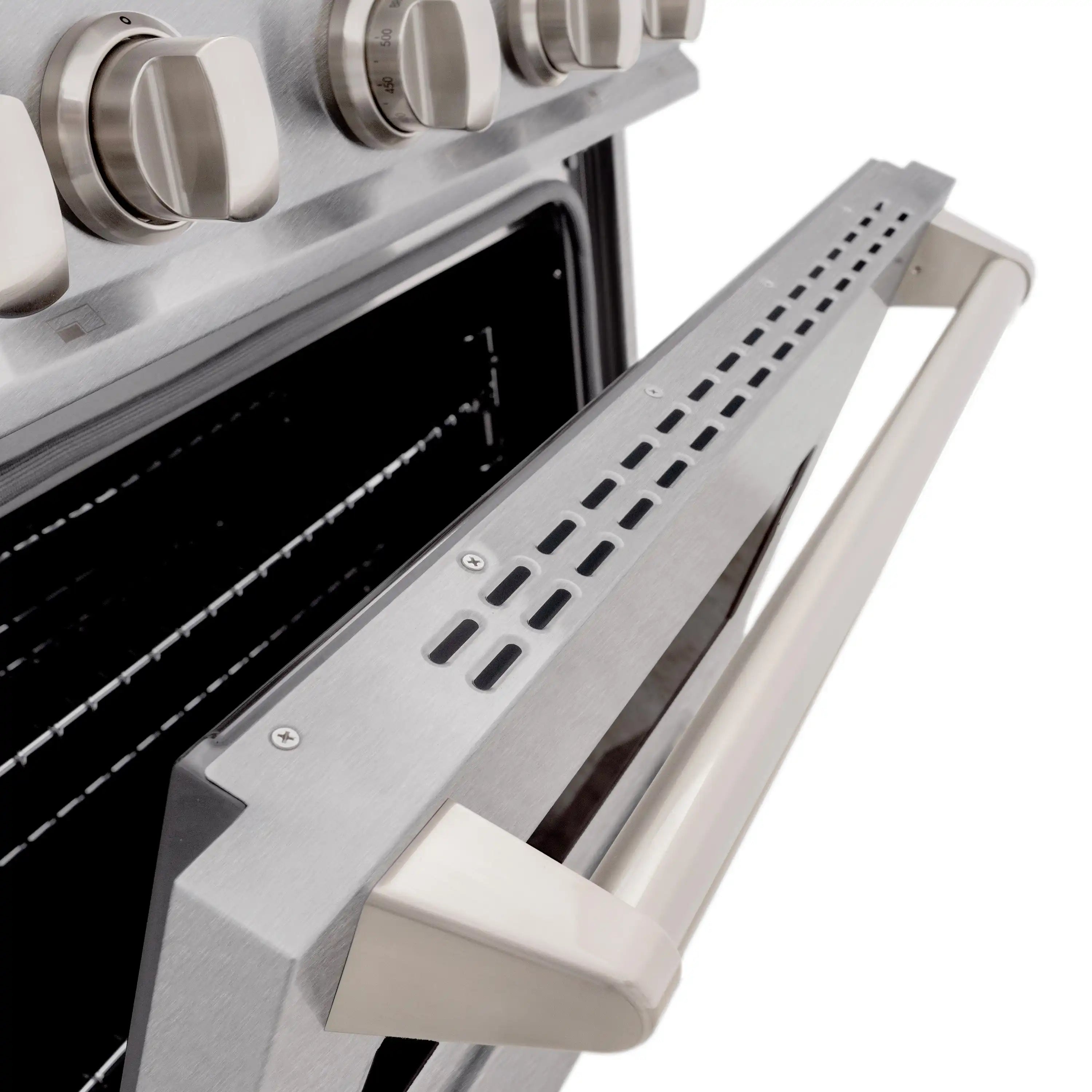 Gas convection oven door with stainless handle and vented trim