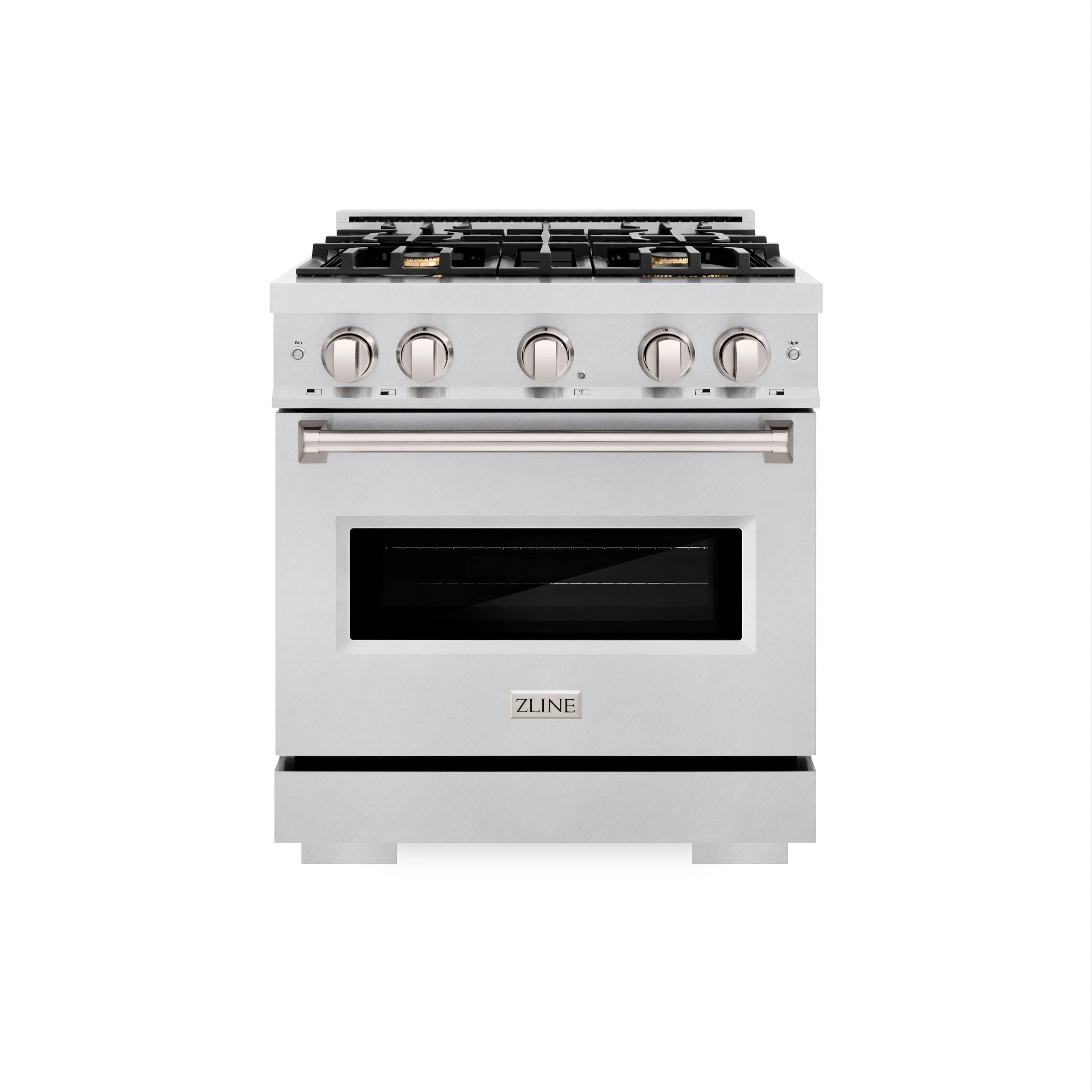 Stainless gas range with front burner grates and closed glass oven door