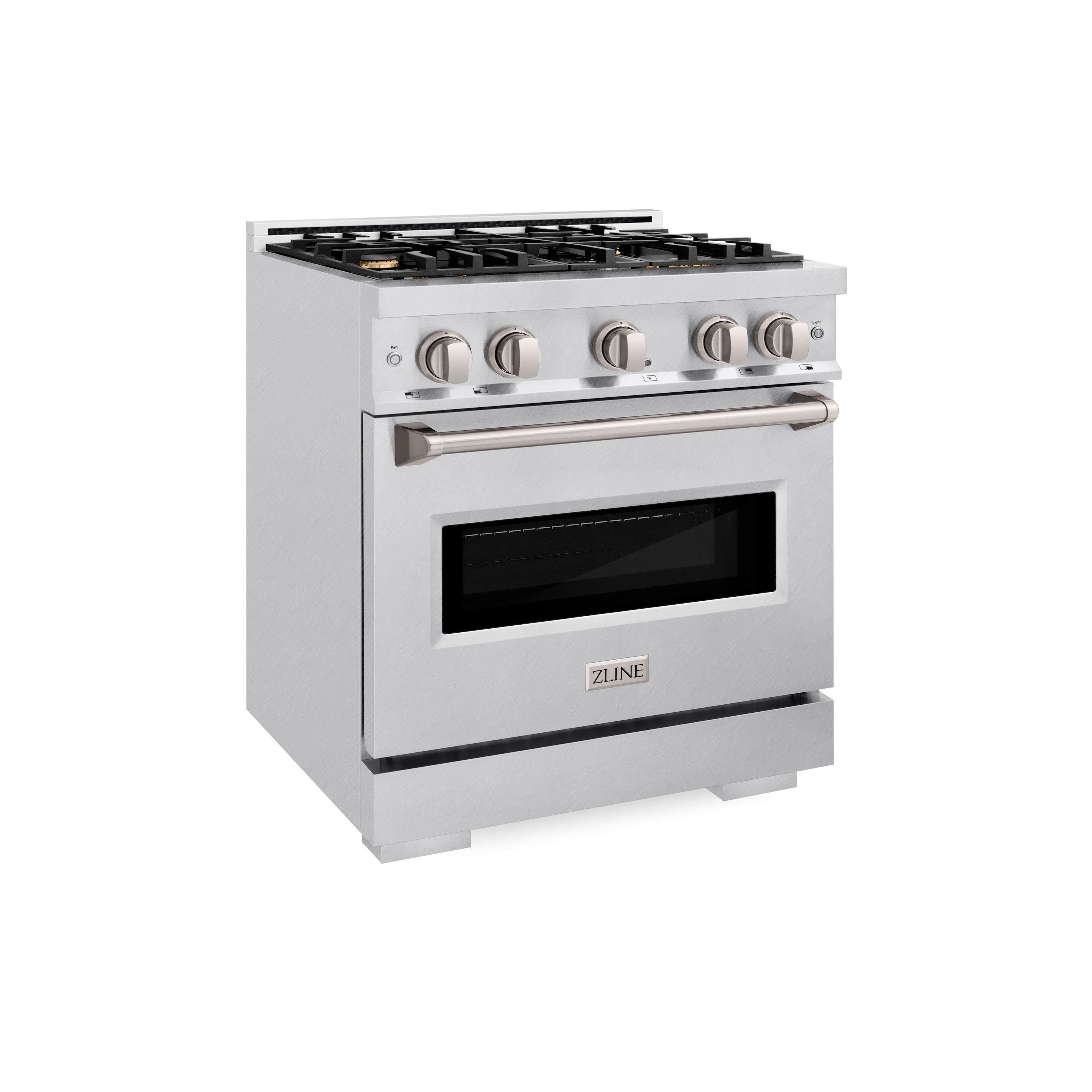 Satin stainless steel gas range with 4-burner cooktop, brass burners, and oven door window