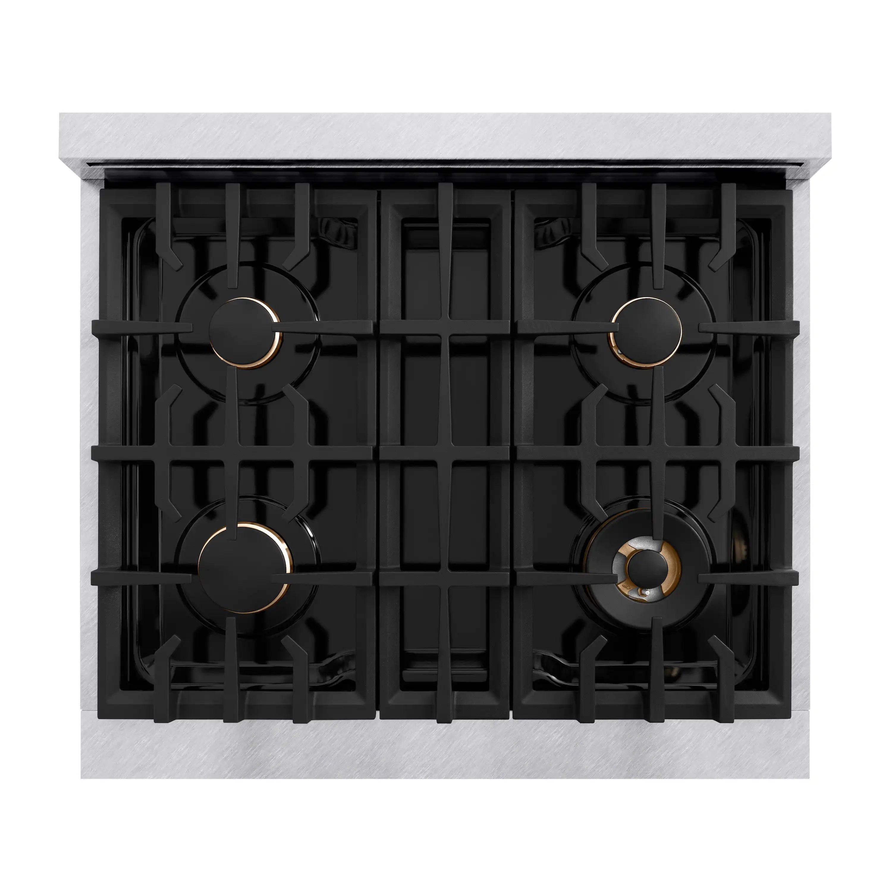 Gas cooktop with four black grates and brass burner caps