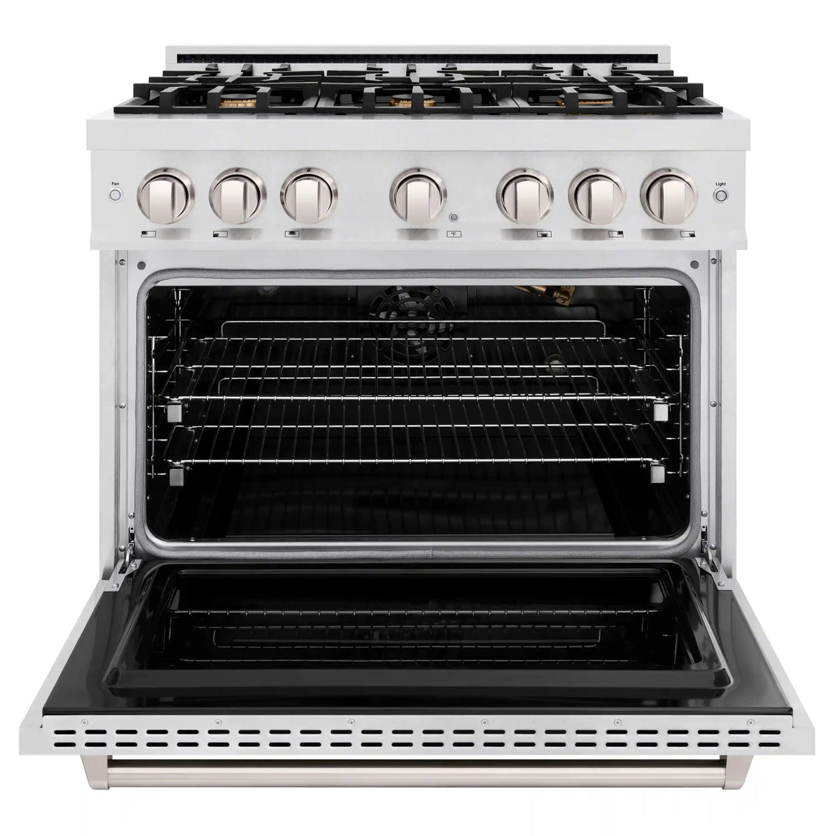 Gas oven door open showing convection racks and interior heating elements