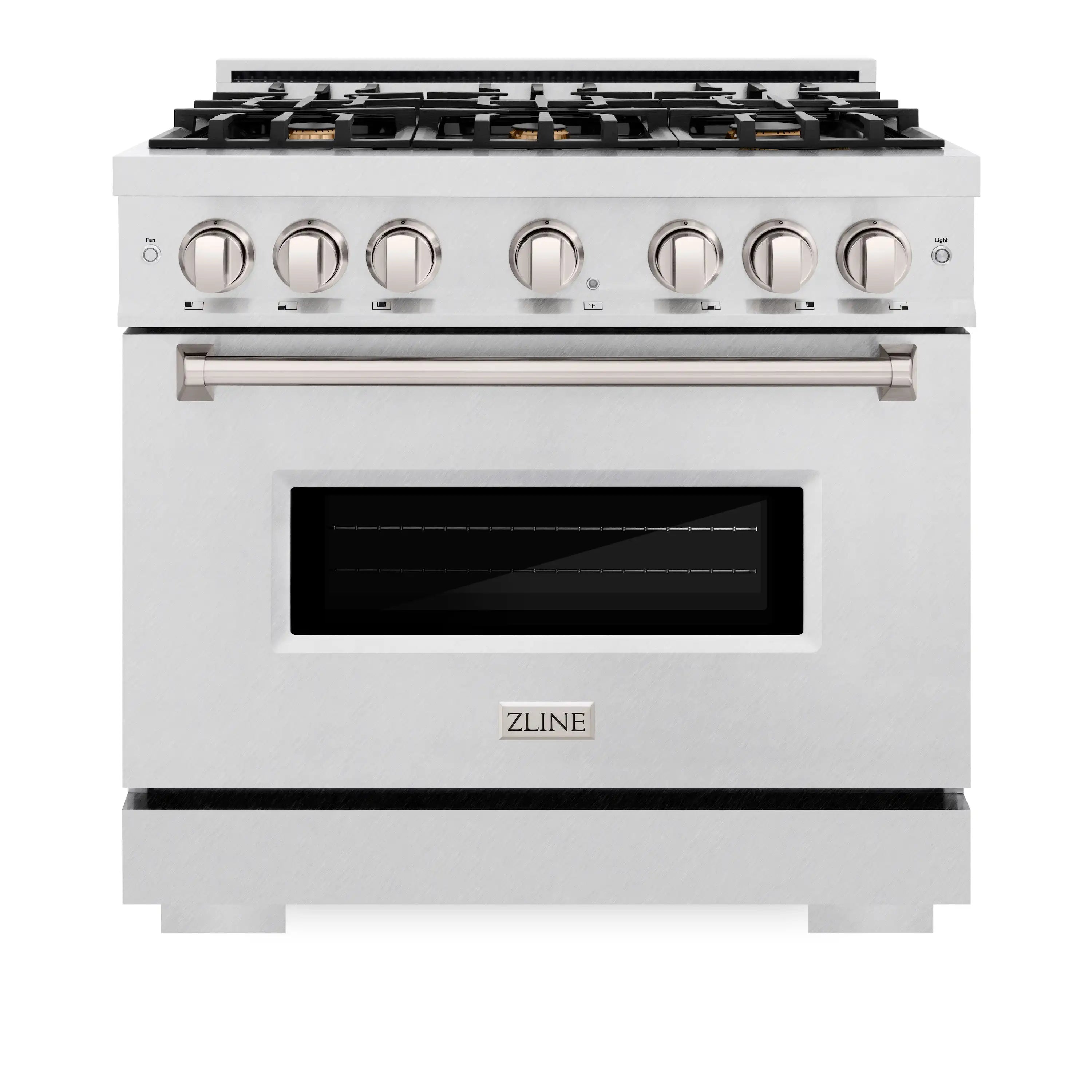 Satin stainless gas range with 6-burner cooktop, control knobs, and window oven door