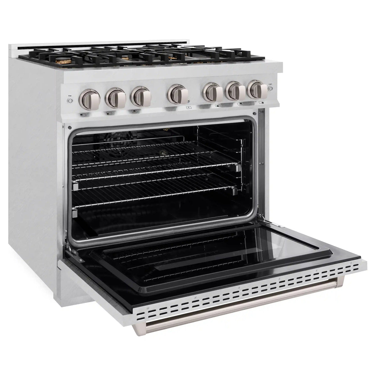 Satin stainless gas range with oven door open and convection rack inside
