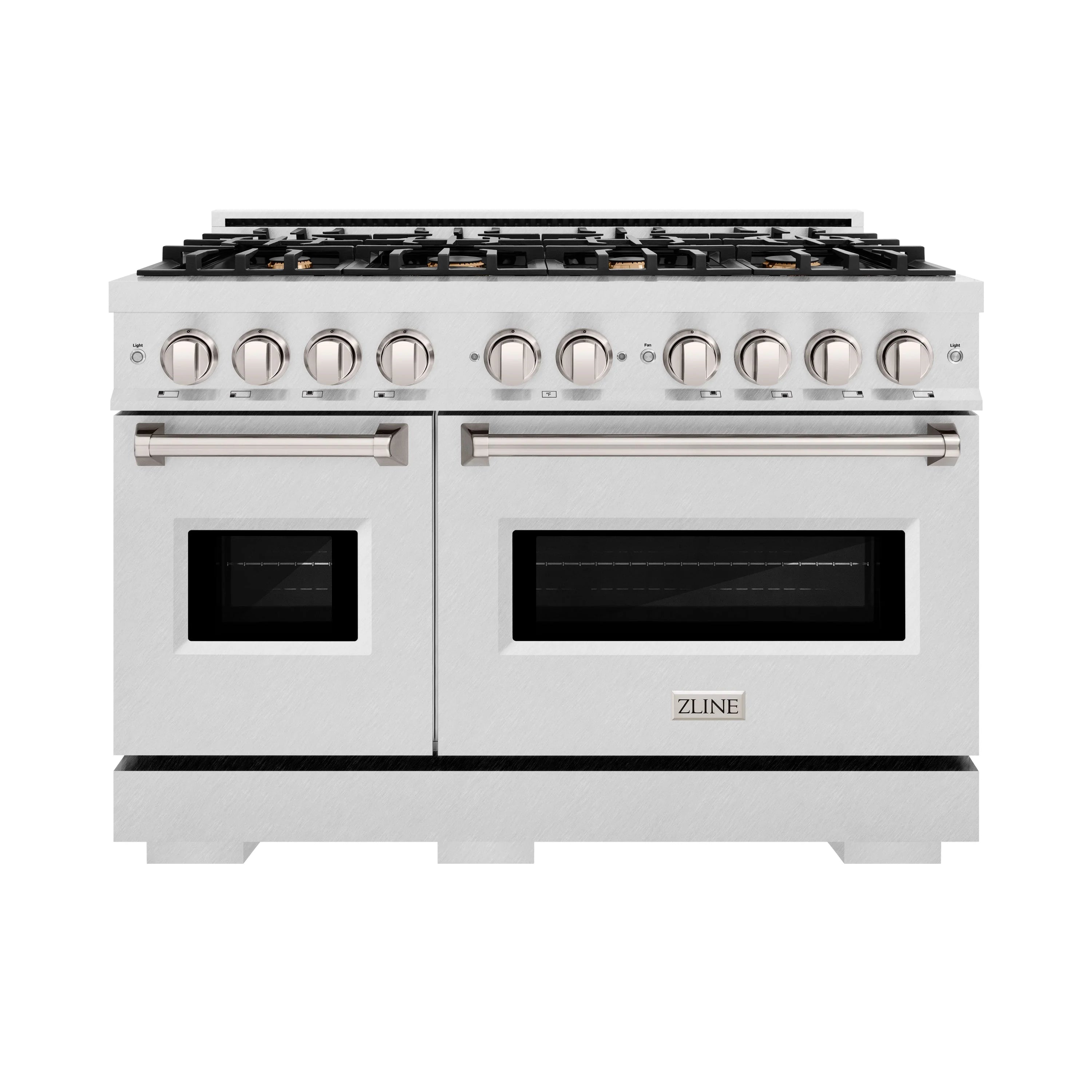 Stainless gas range with 8-burner cooktop and two oven doors