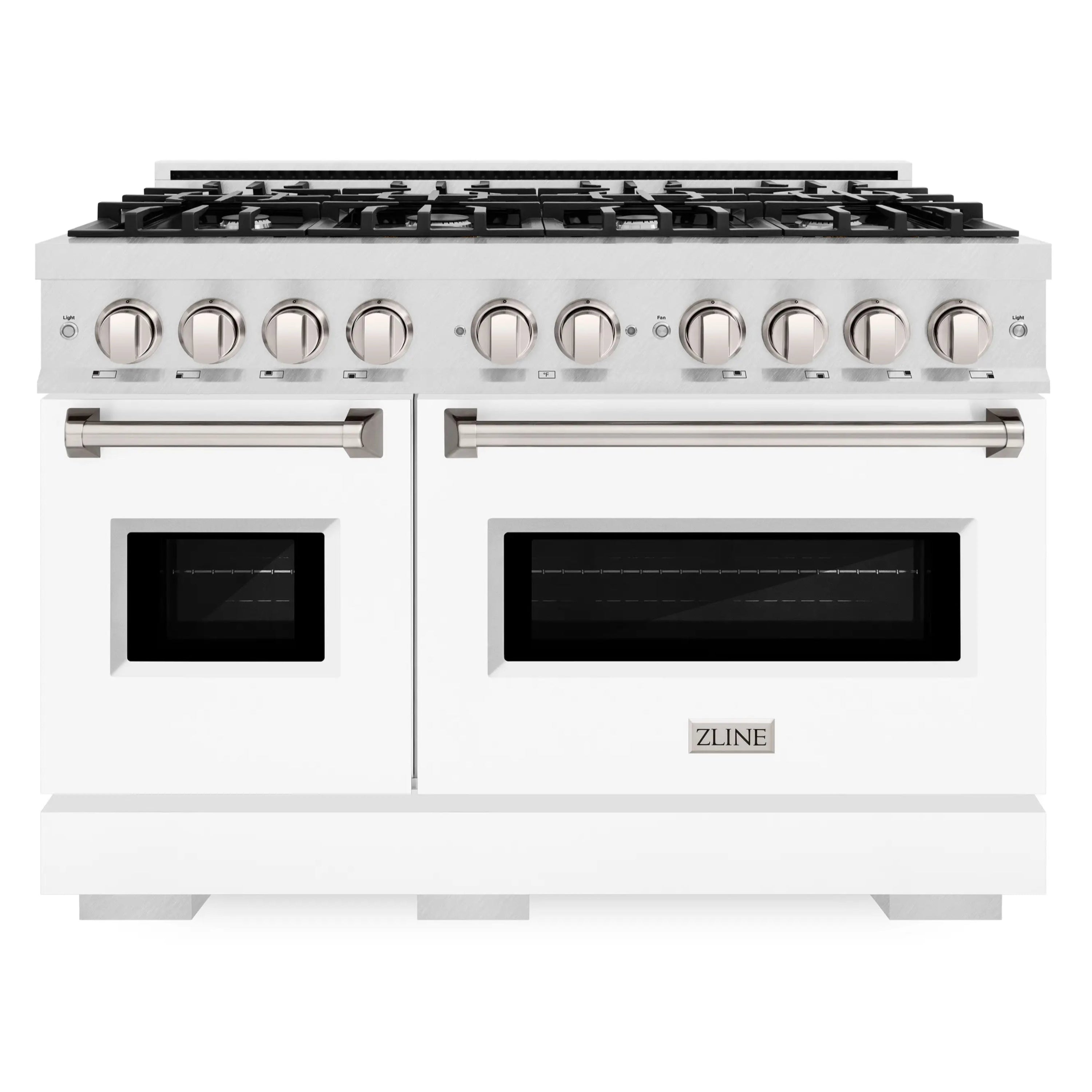Gas range with 8-burner cooktop, satin stainless body, and matte white oven doors