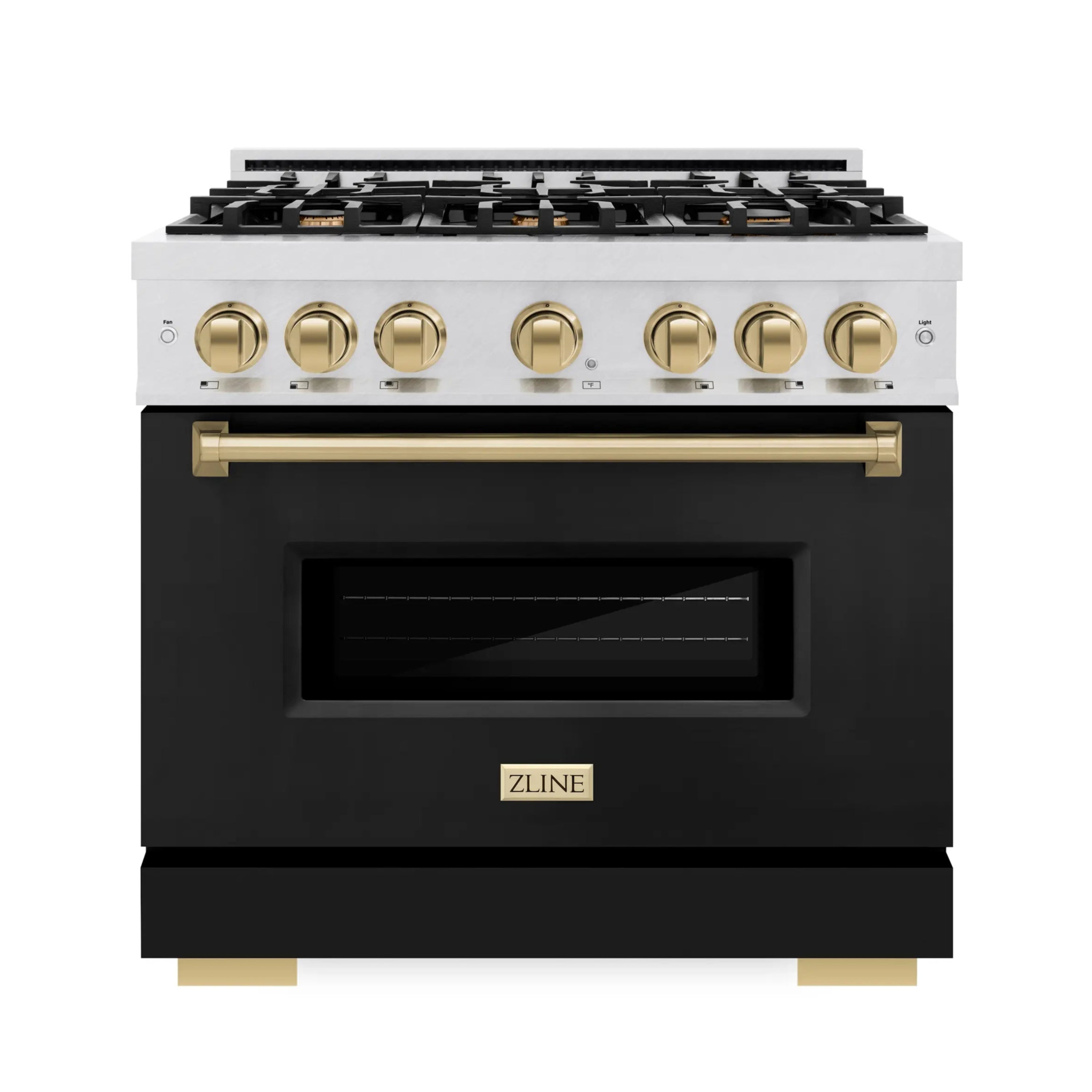 Front view gas range with black oven door, gold knobs, and stainless cooktop with burners