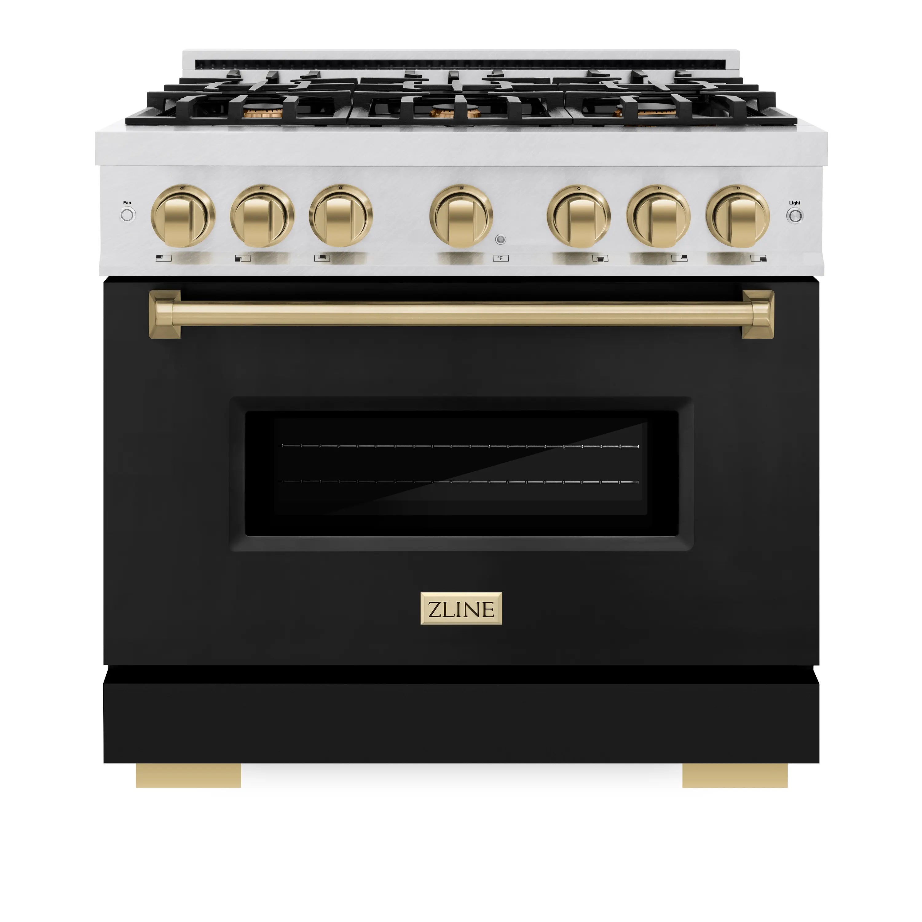 Satin stainless gas range with black oven door, gold control knobs, and 6-burner cooktop