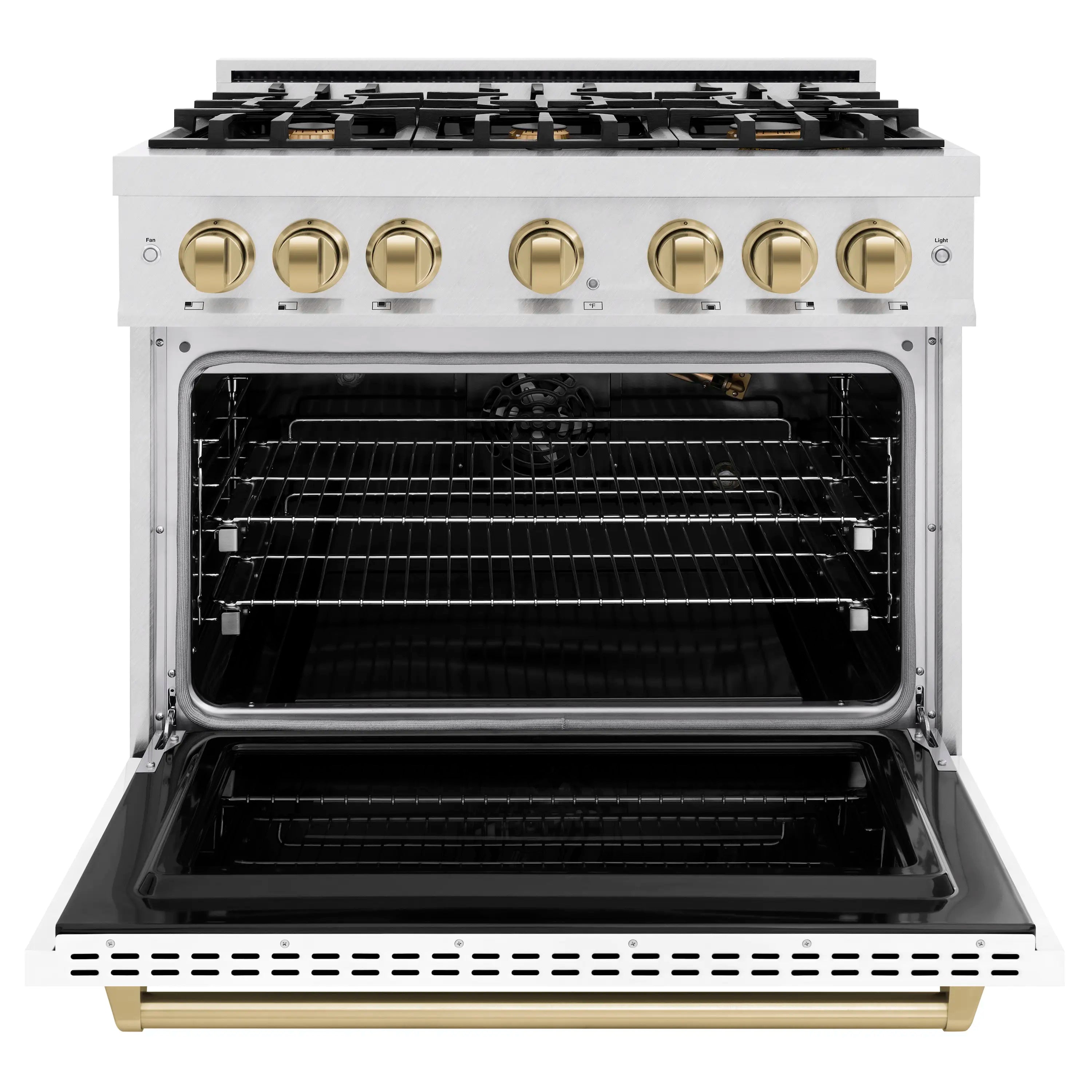 White freestanding gas range with oven door open, showing black racks inside
