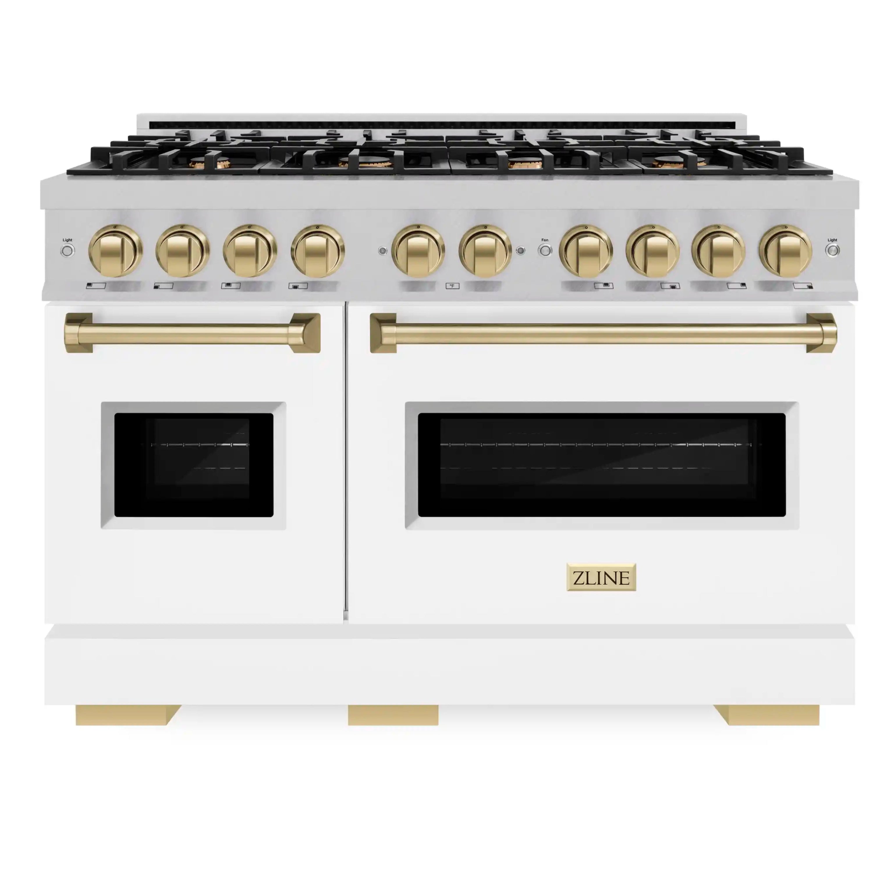 Gas convection range front view with white matte oven doors and gold control knobs