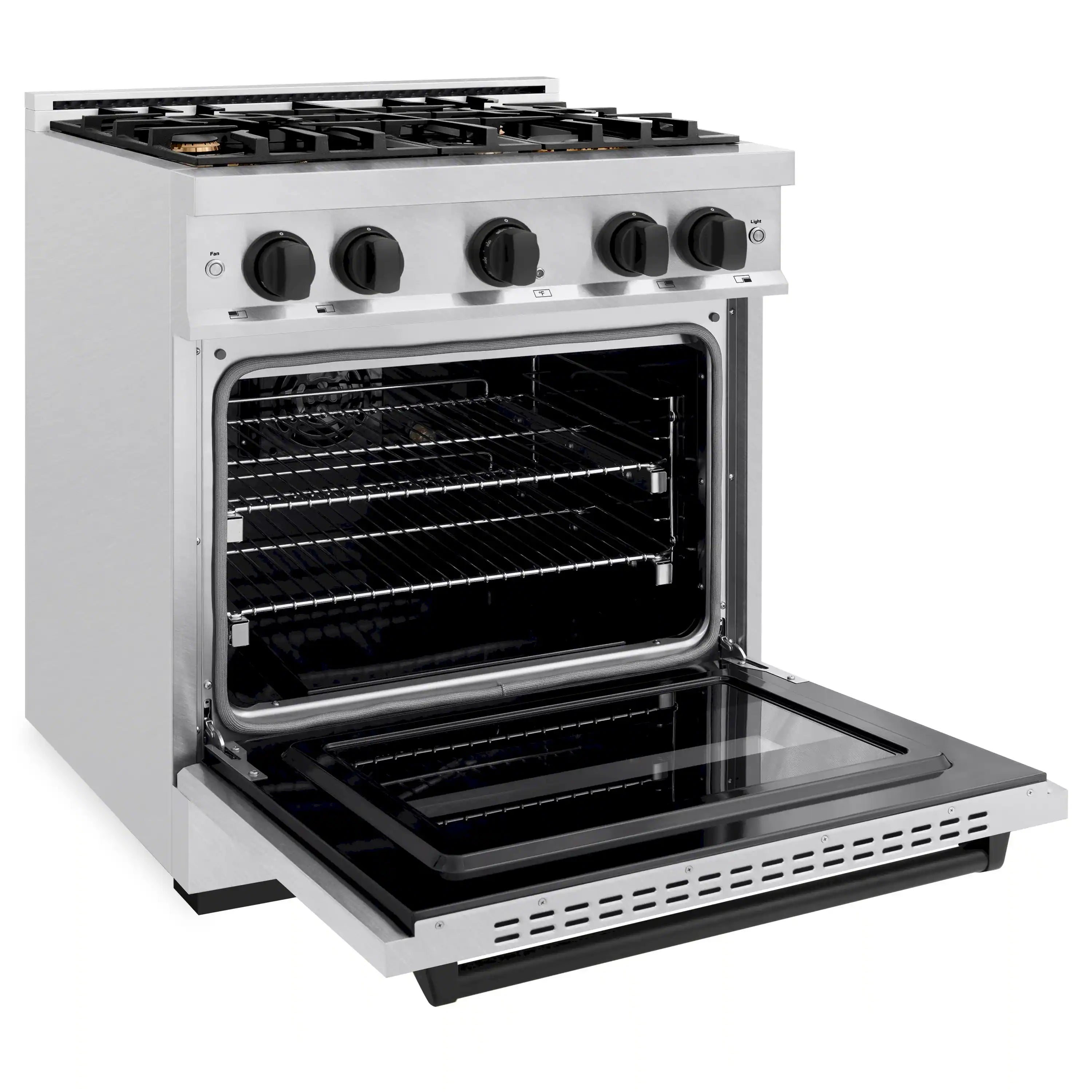 Open stainless gas oven with black racks and lower broiler drawer