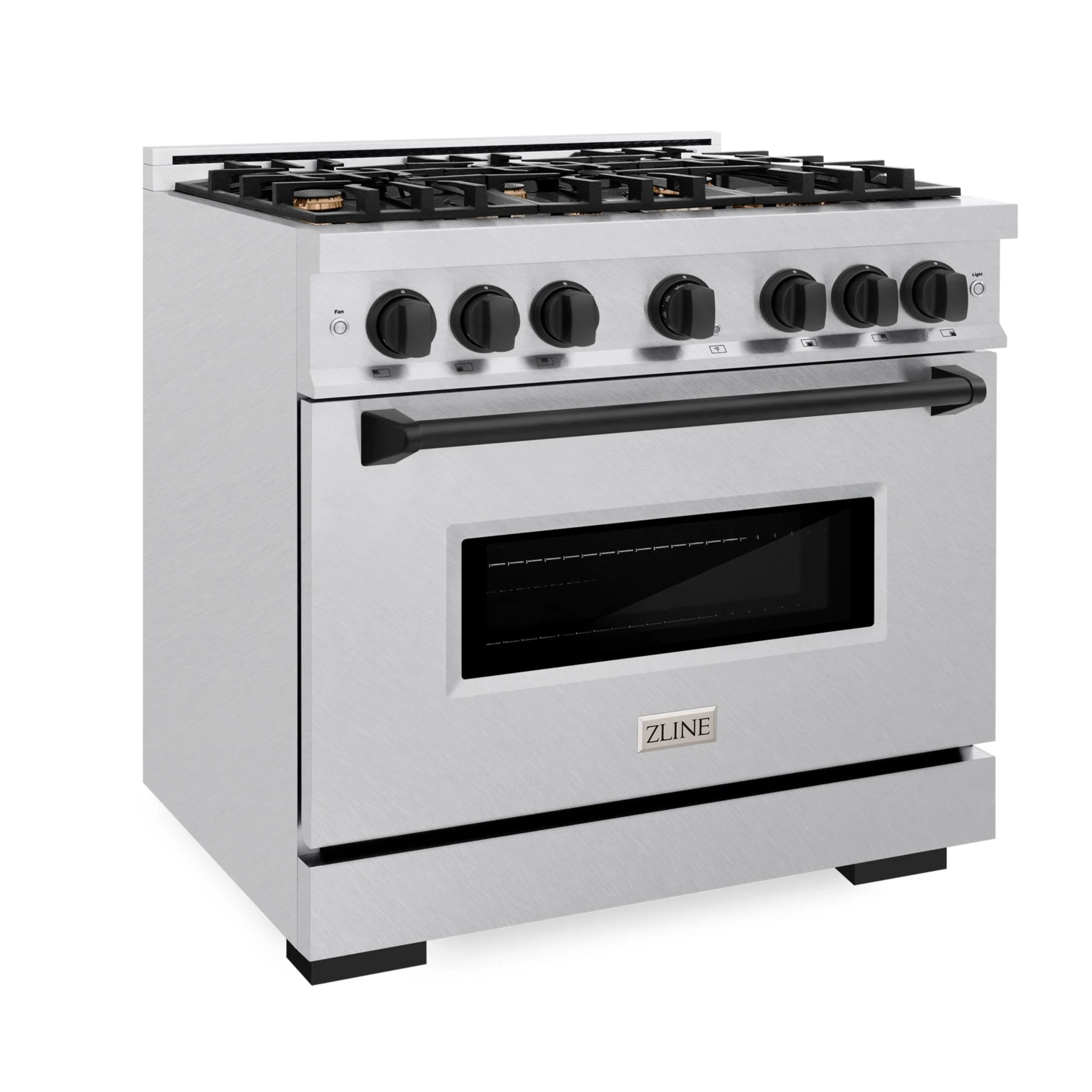 Satin stainless gas range with matte black oven handle and burner controls