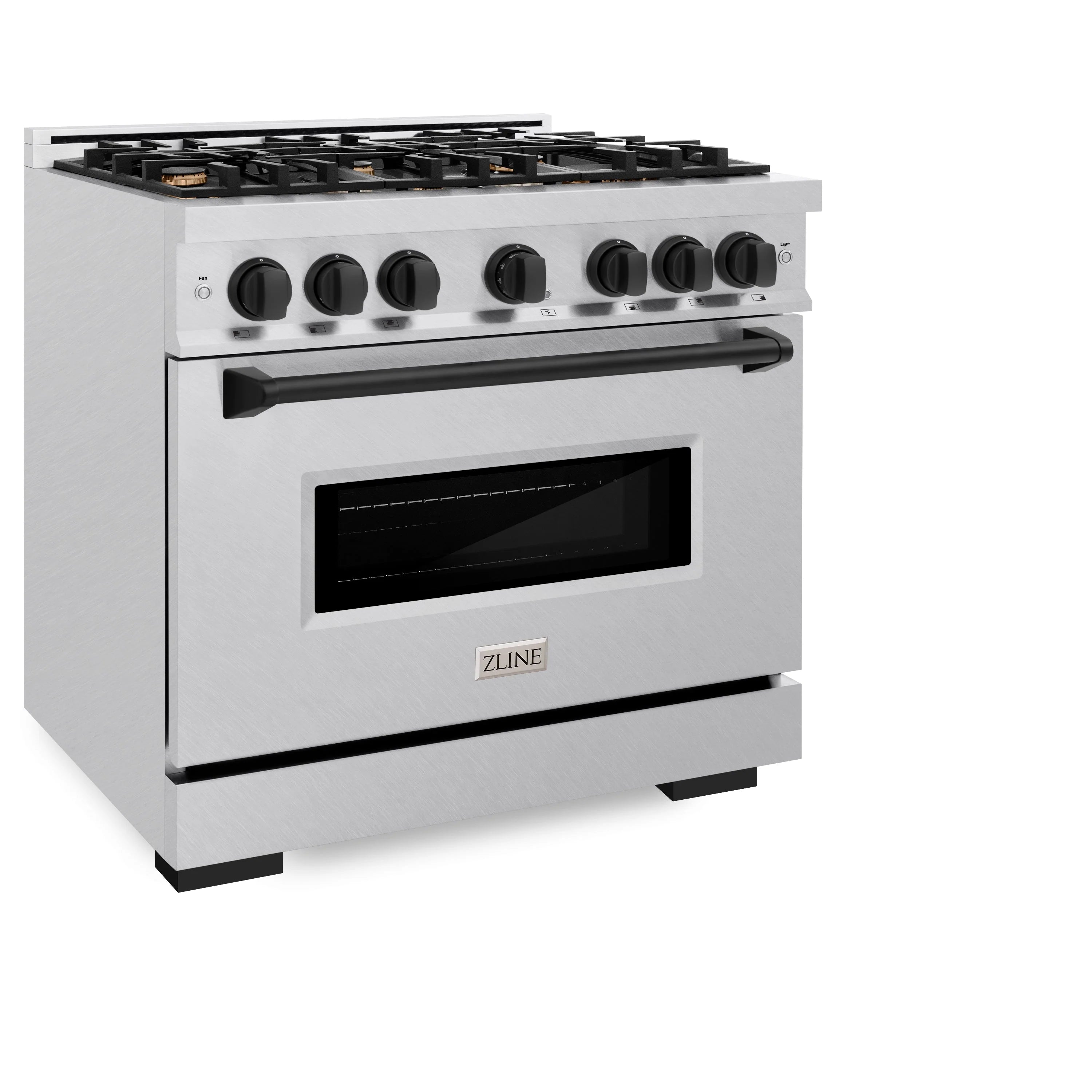 Freestanding gas range with black burner grates, control knobs, and oven glass door