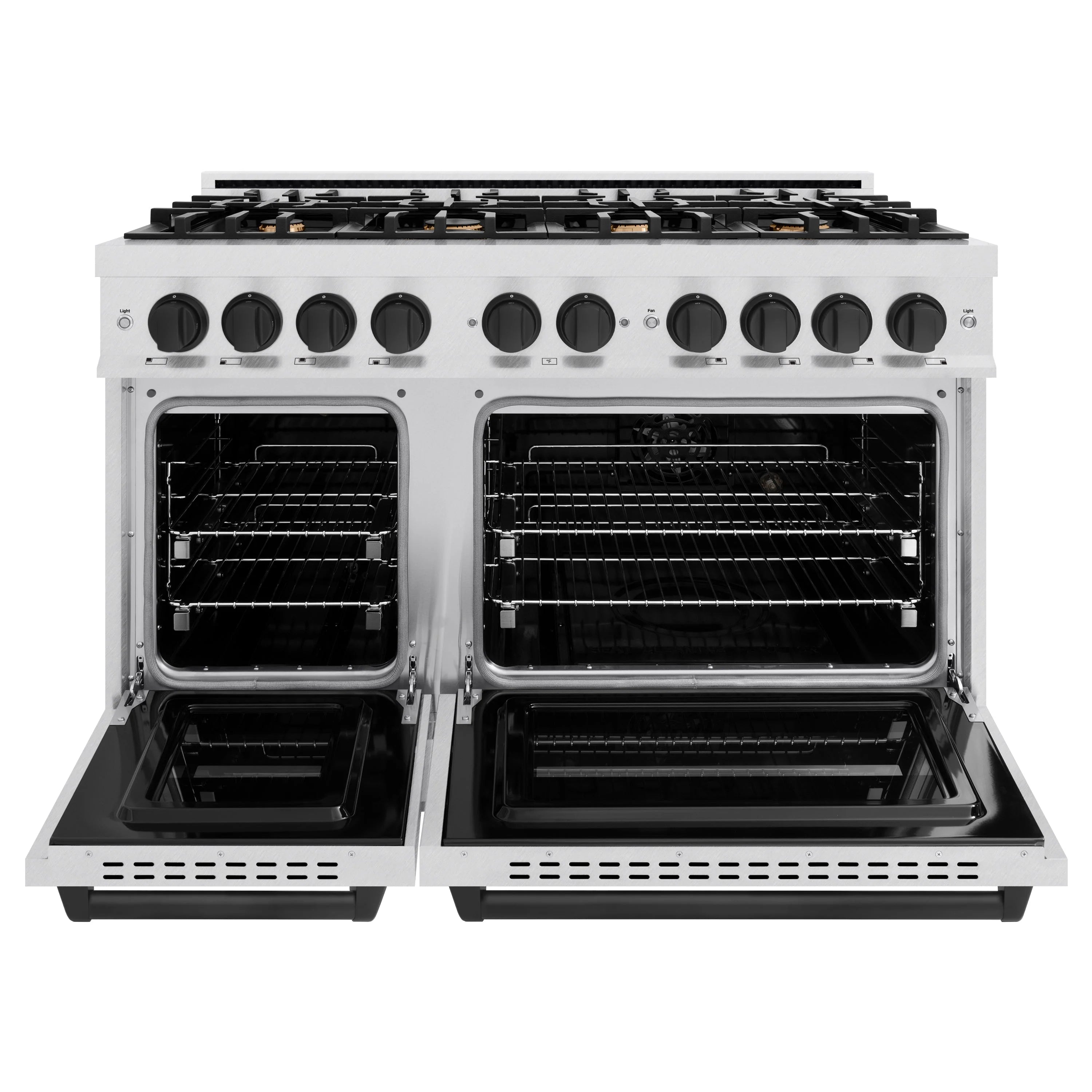 Gas range with open oven doors, two racks, and eight-burner cooktop with knobs