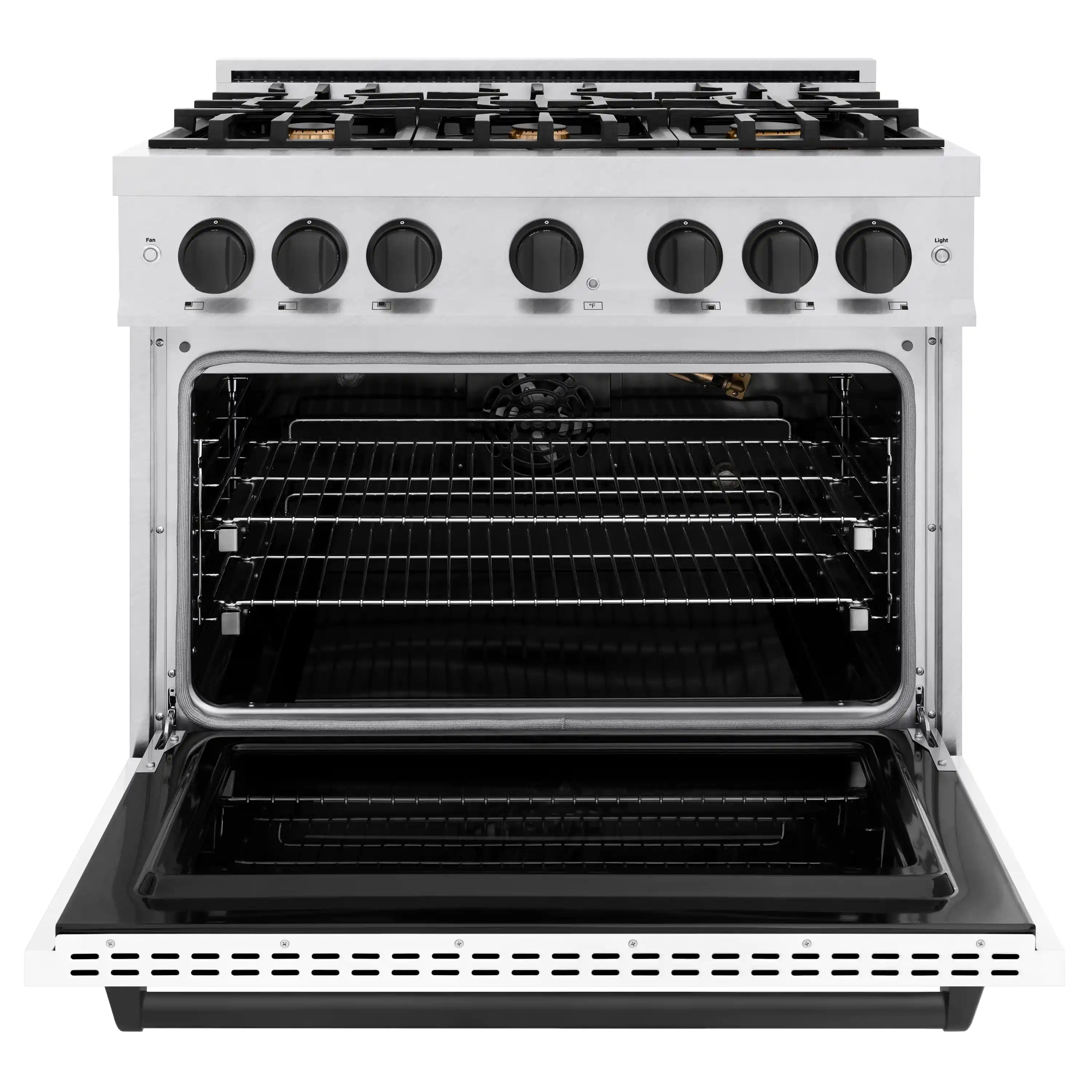 Freestanding gas range with oven door open, showing racks and burner compartment