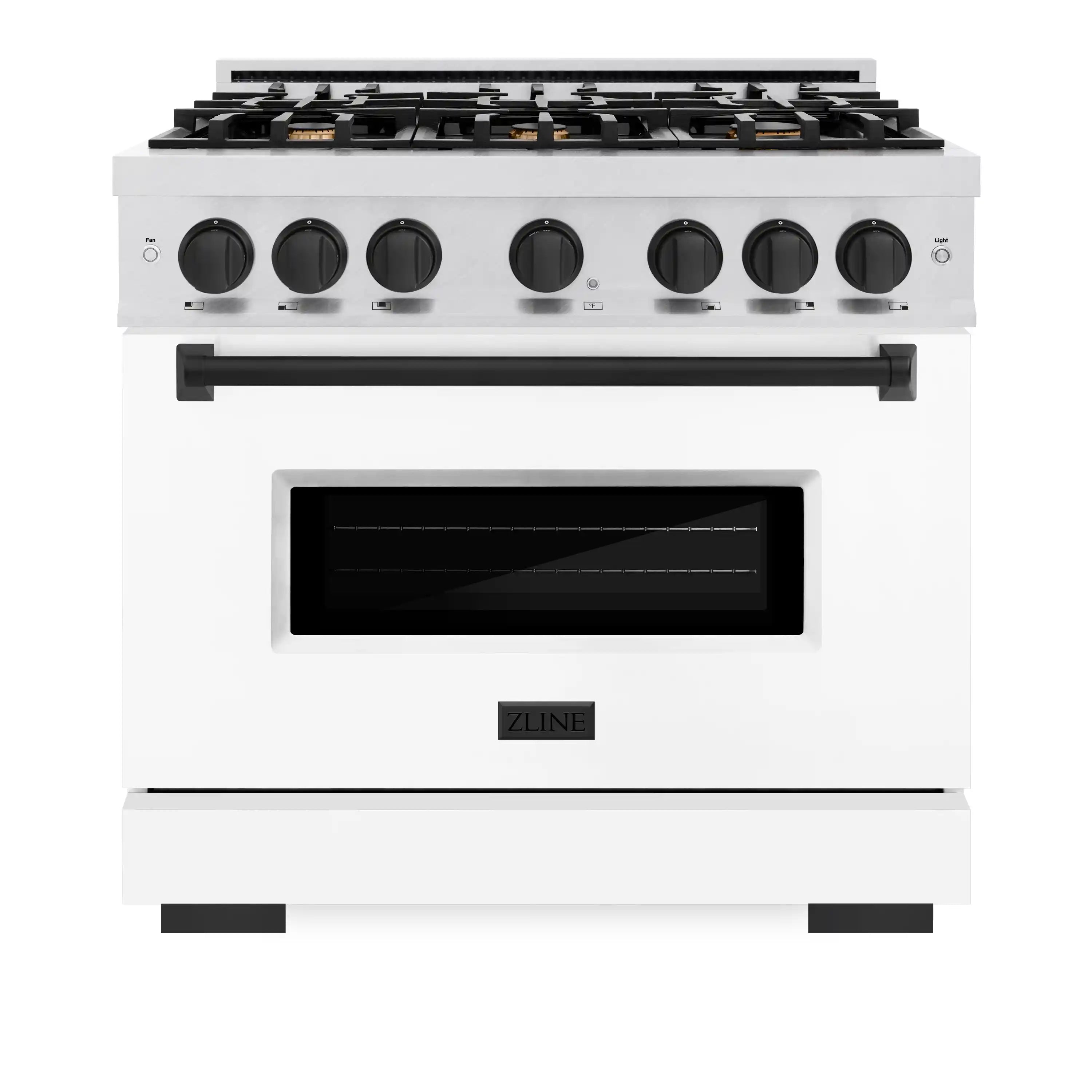 Freestanding gas range front view with black glass oven door and six control knobs