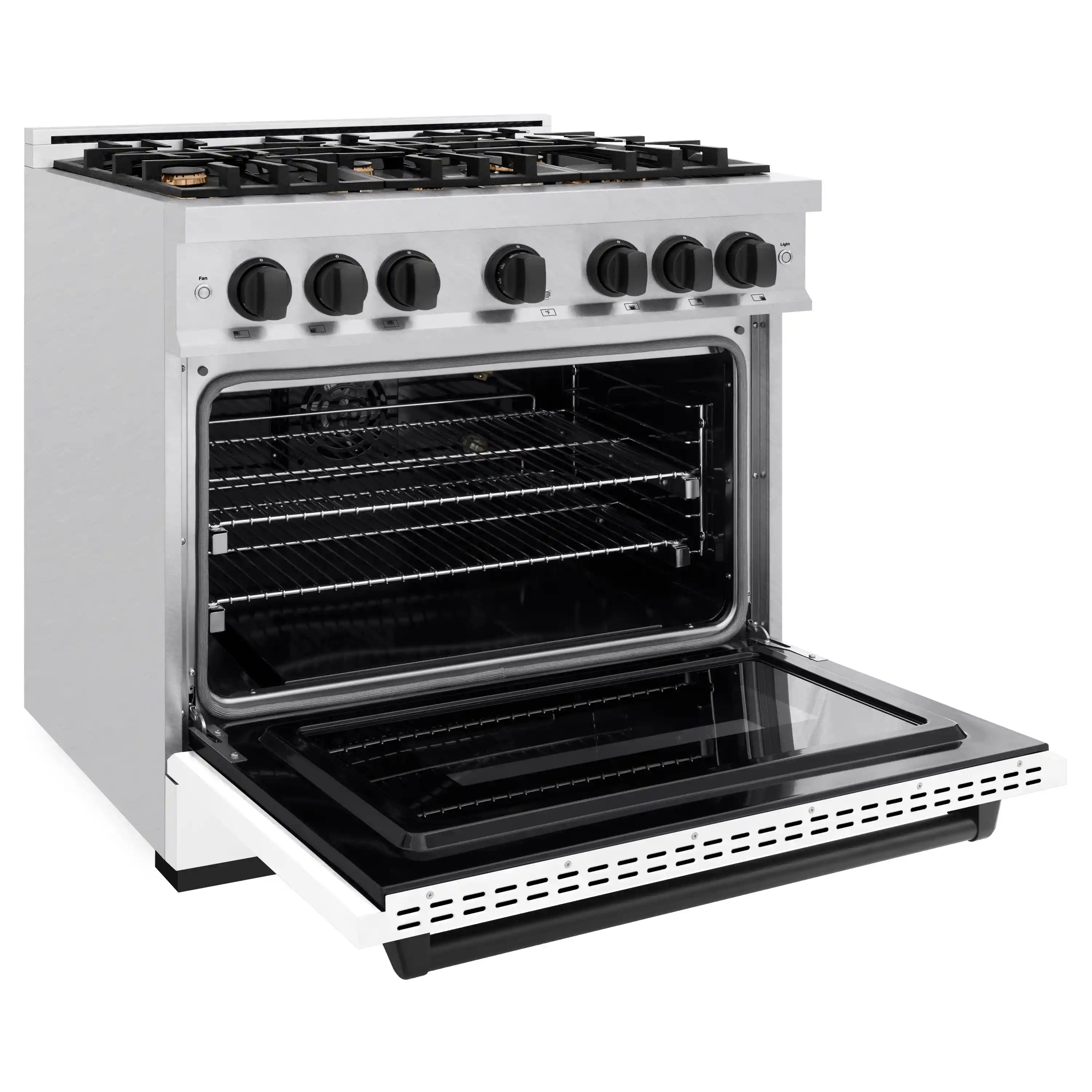 Gas range with oven door open and bottom compartment visible in brushed stainless finish