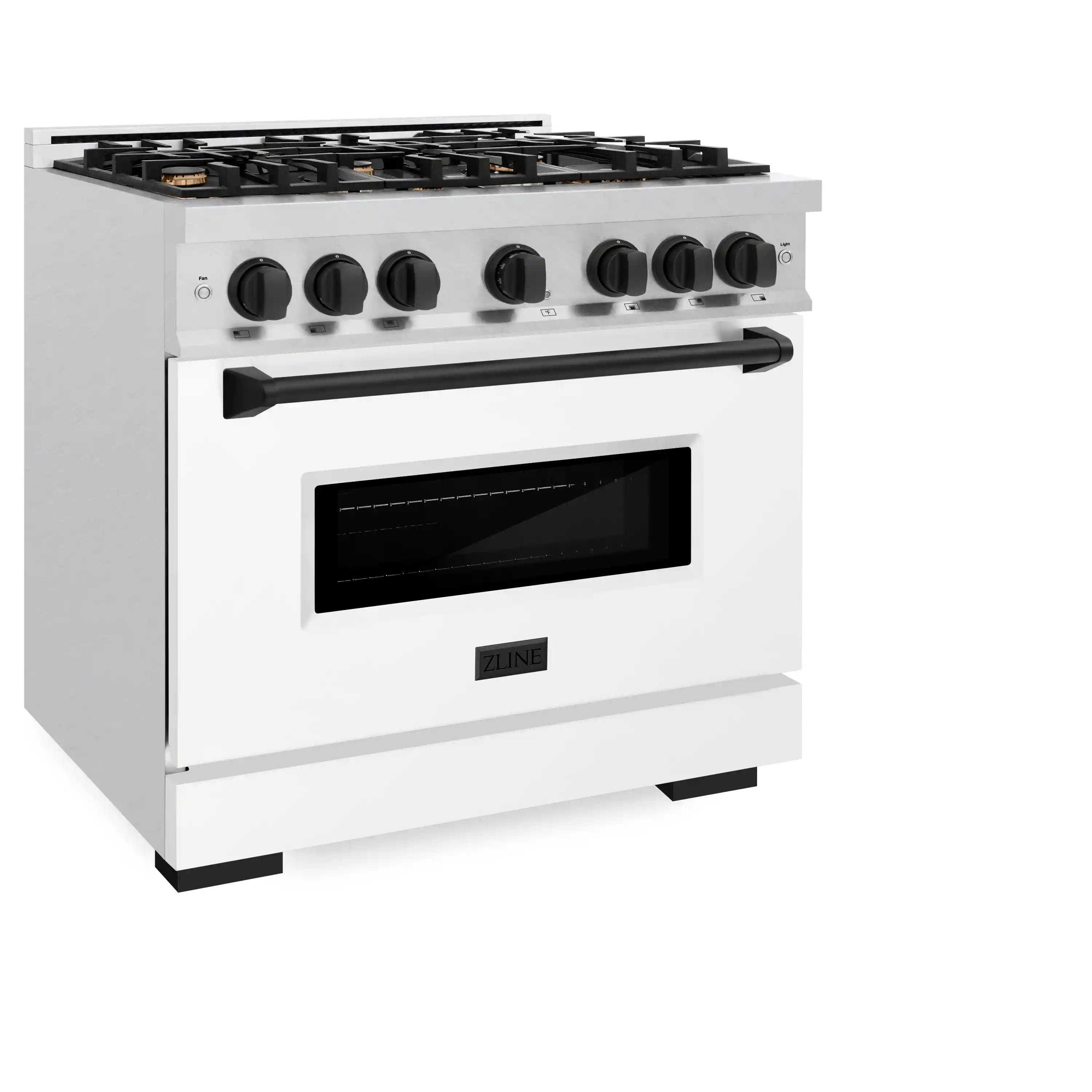 Gas range side-front view with control knobs, black oven window, and storage drawer
