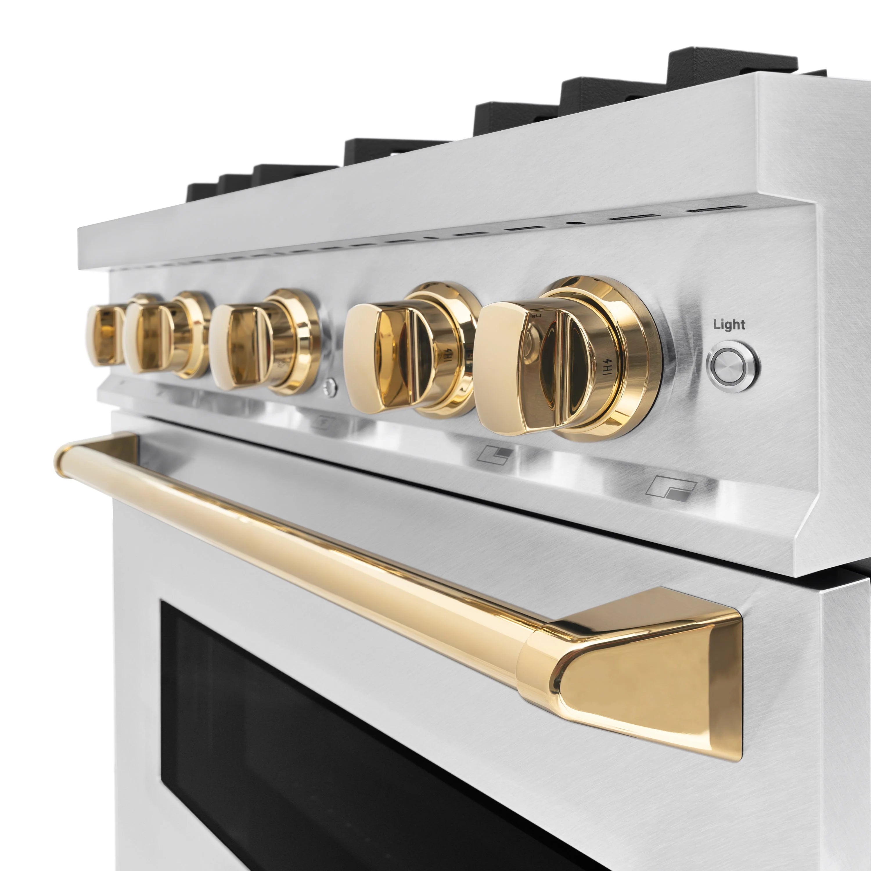30-inch gas range cooktop with four gold control knobs and stainless panel accents