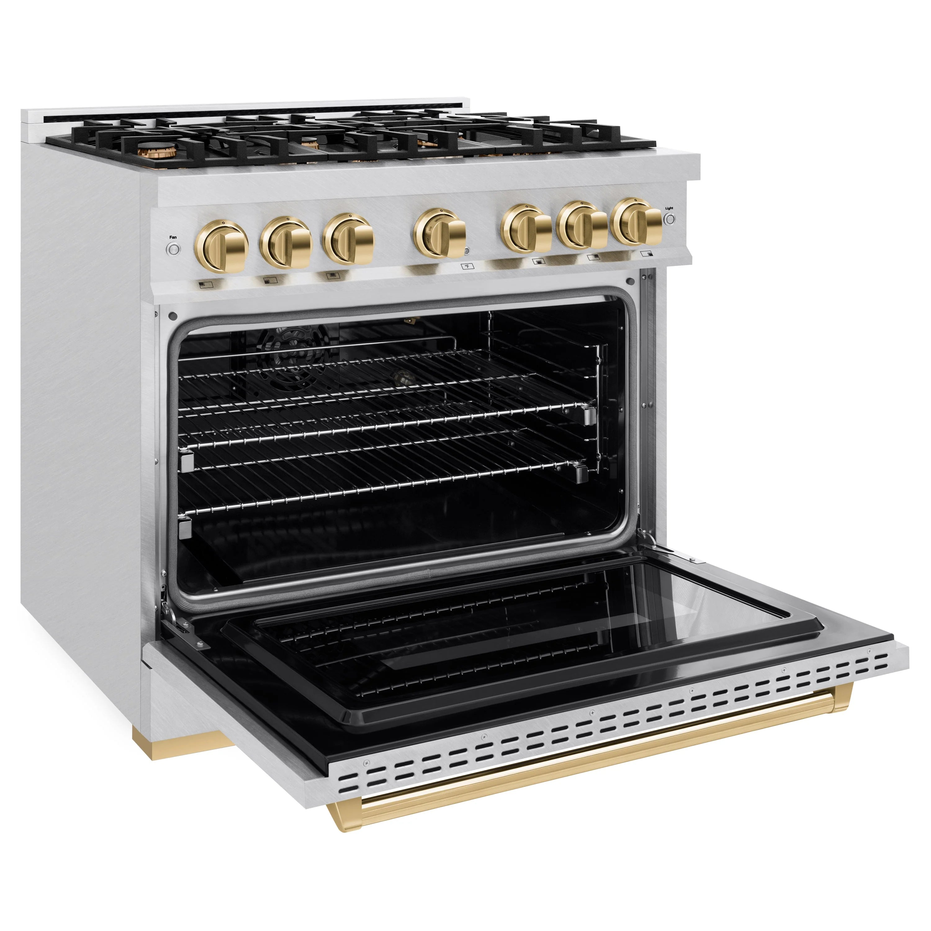 Gas range with open oven door, 6-burner cooktop, satin stainless and gold knobs