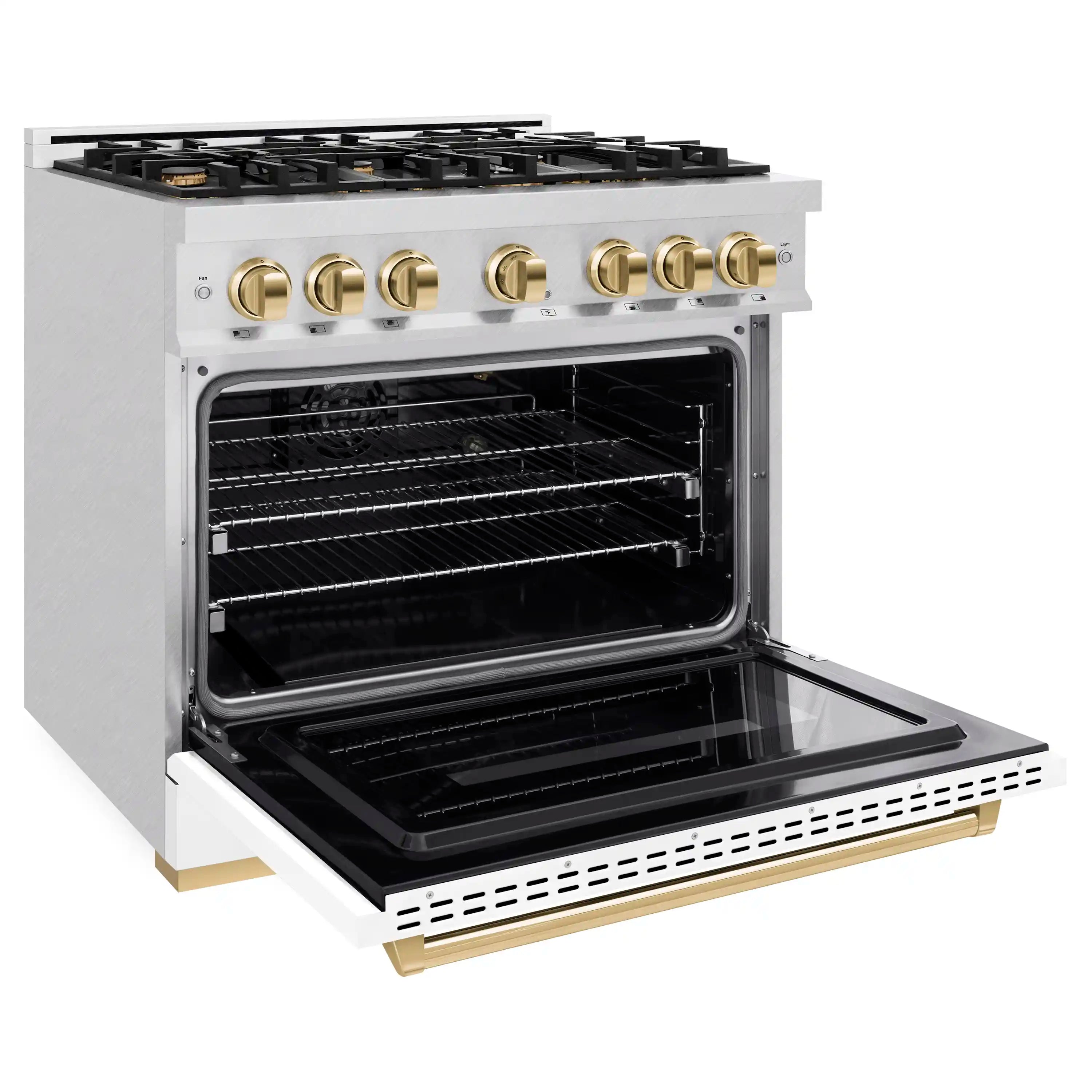 White freestanding gas range with open oven door and black interior racks
