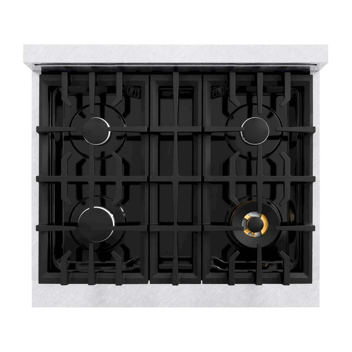 Dual fuel range cooktop with four gas burners and round burner caps