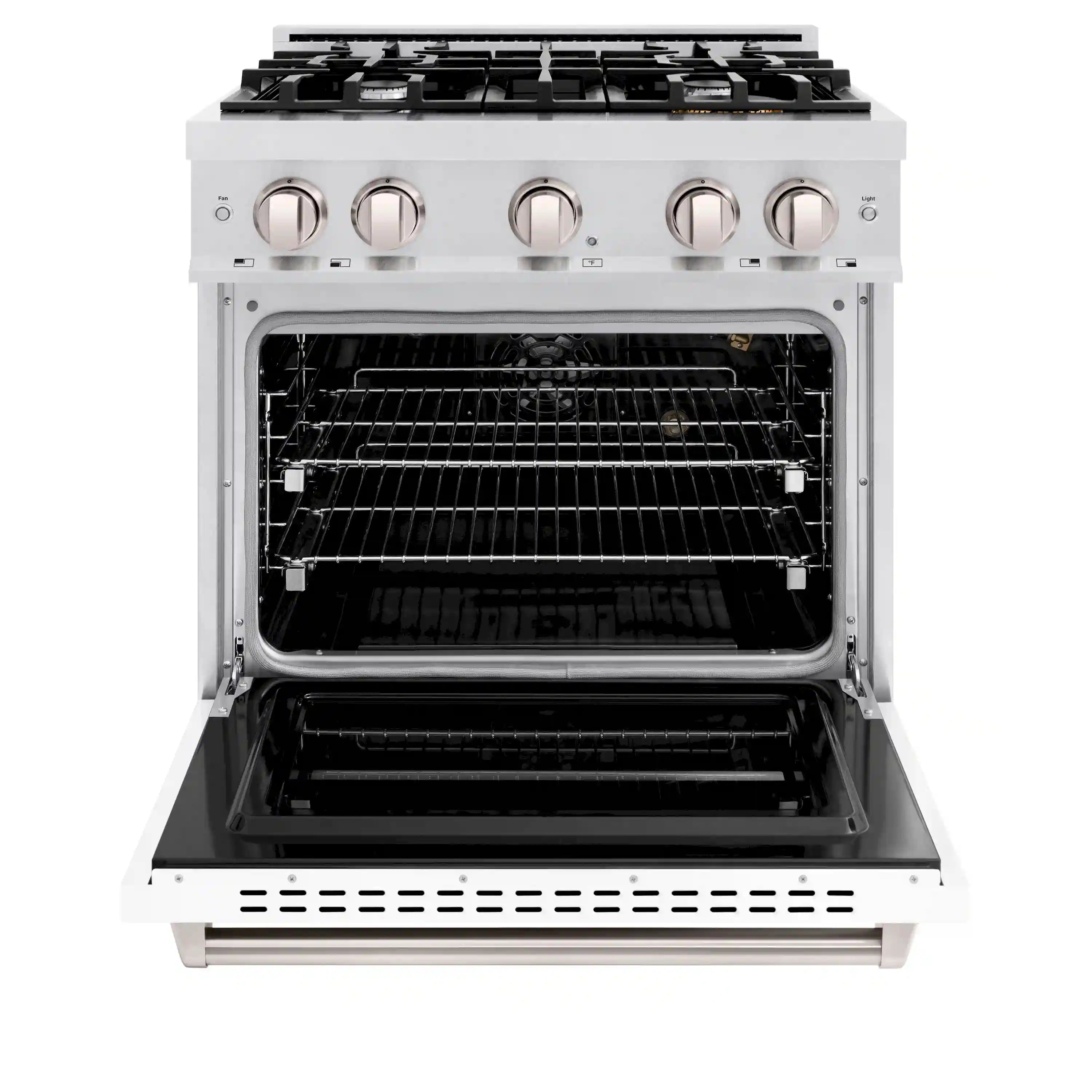 Stainless steel gas convection oven with open door and wire oven racks