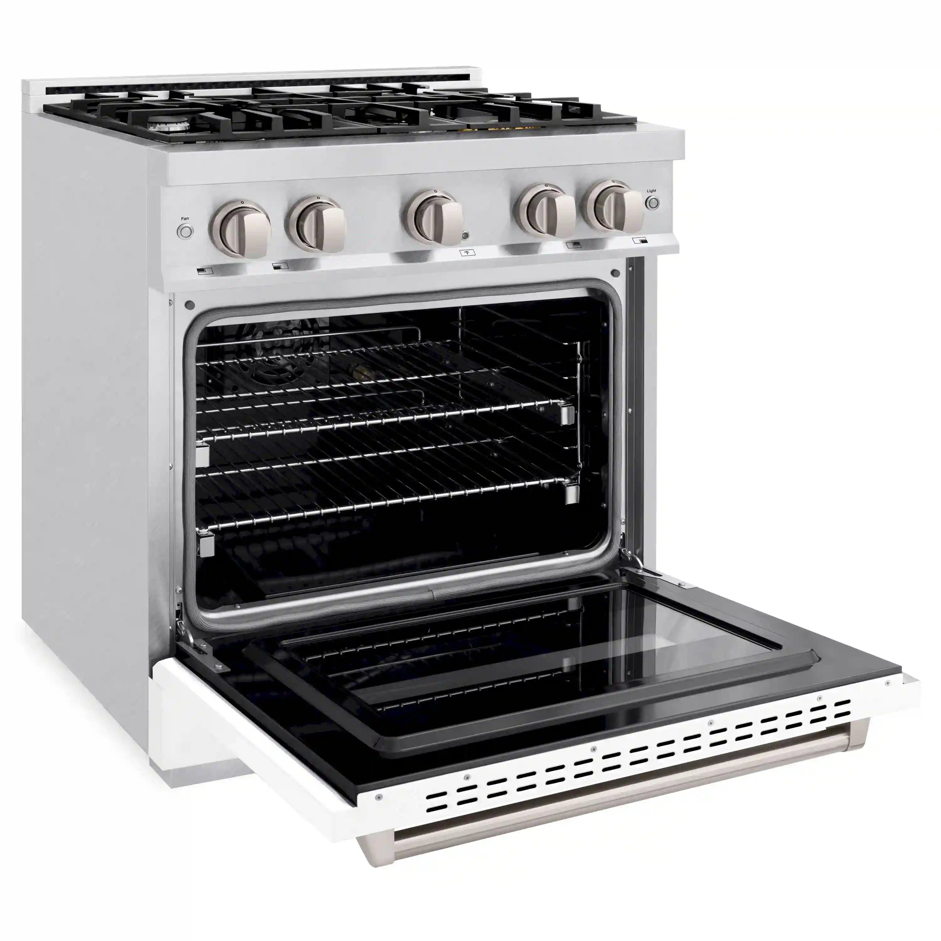 Stainless steel gas range with four burners and open oven door, matte white trim